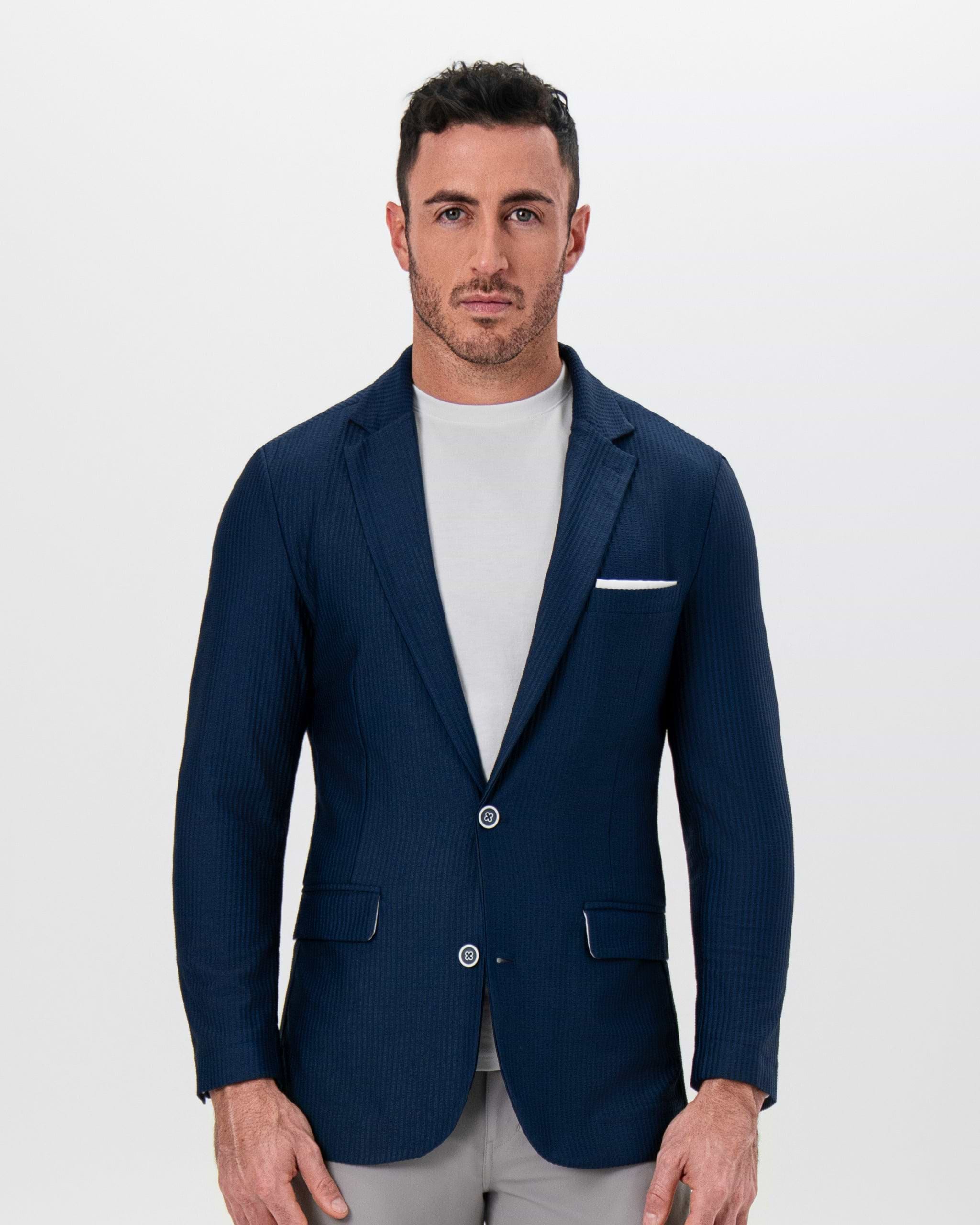 Athletic Fit Stretch Blazer - Navy Seersucker