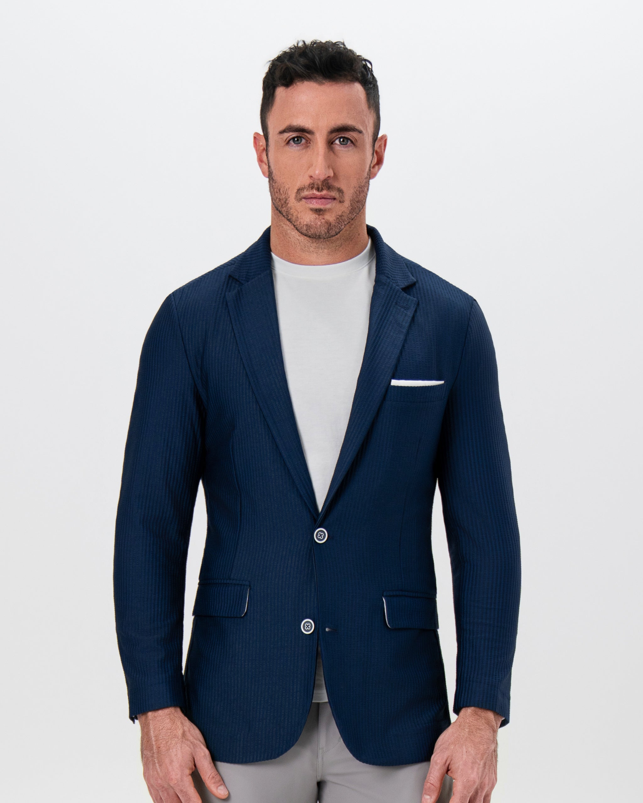 Athletic Fit Stretch Blazer - Navy Seersucker