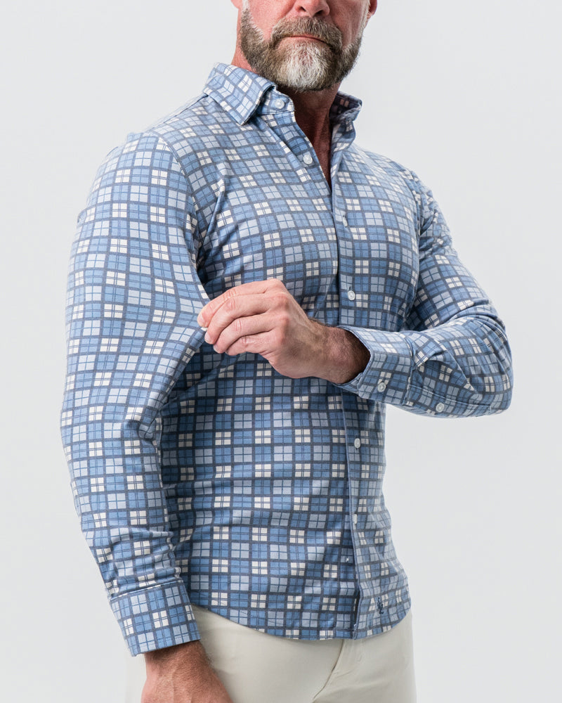 "The Ellis" Blue, Tan & Teal Plaid Button Down