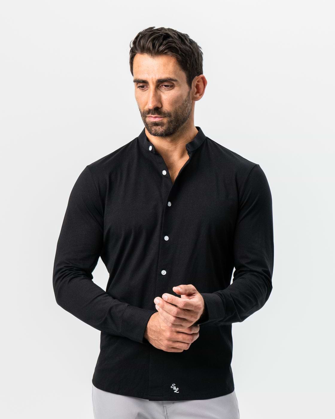 Banded Collar Button Down - Black