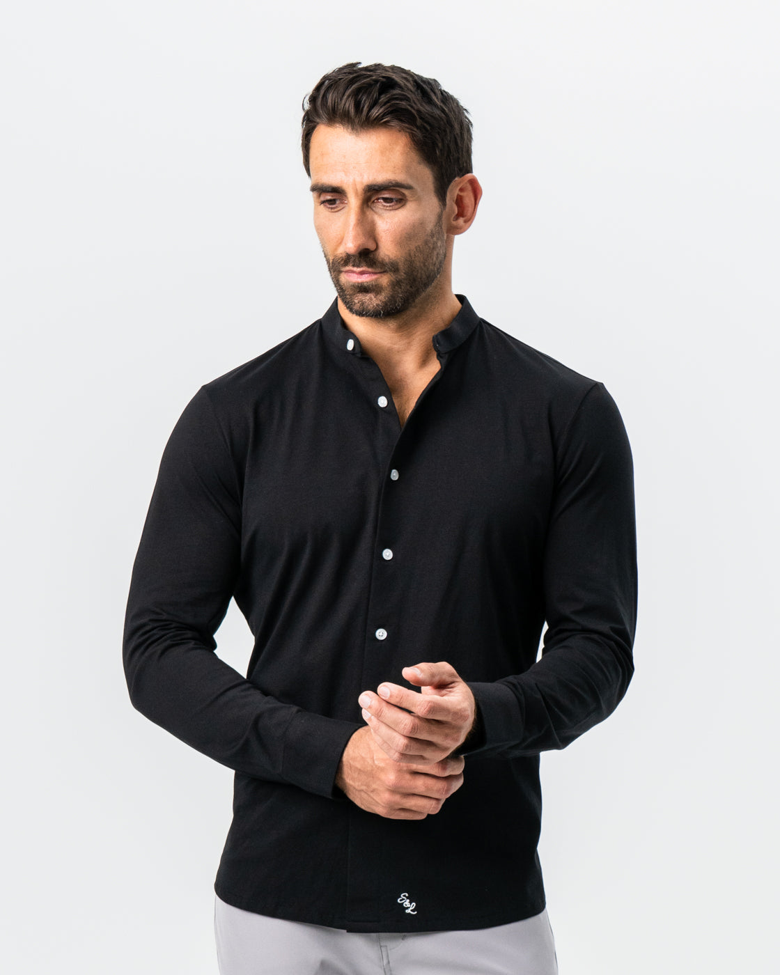 Banded Collar Button Down - Black