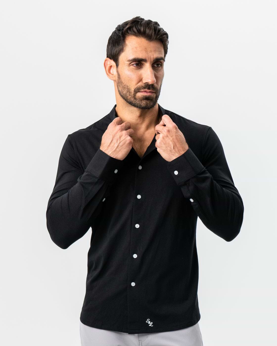 Banded Collar Button Down - Black