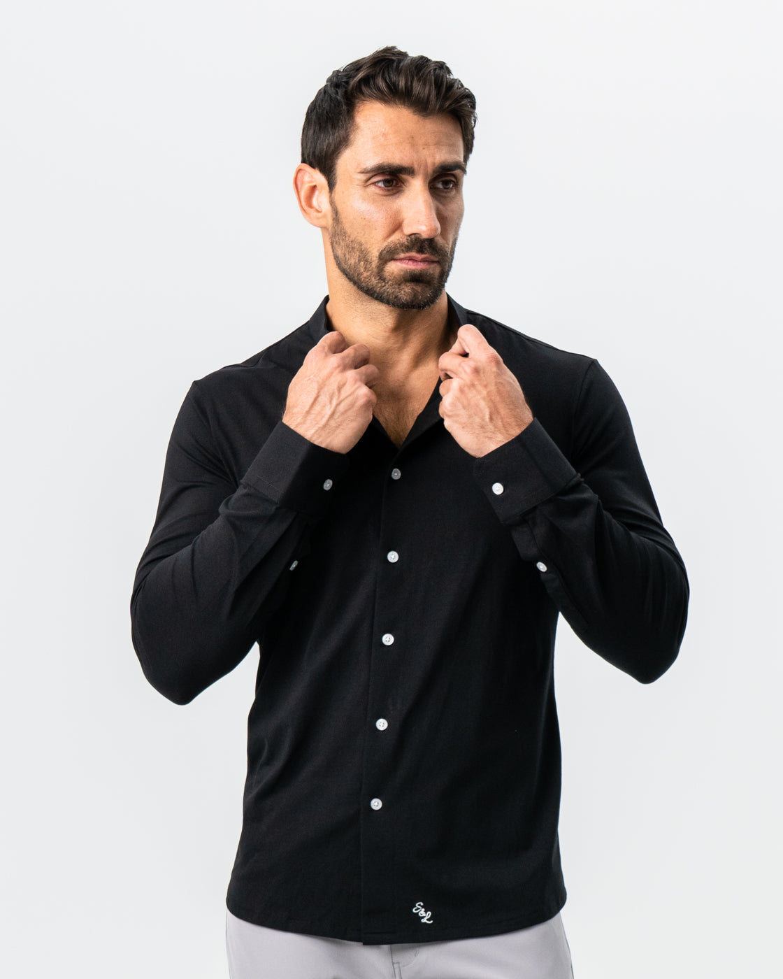 Banded Collar Button Down - Black
