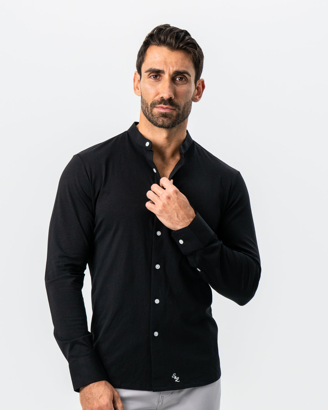 Banded Collar Button Down - Black