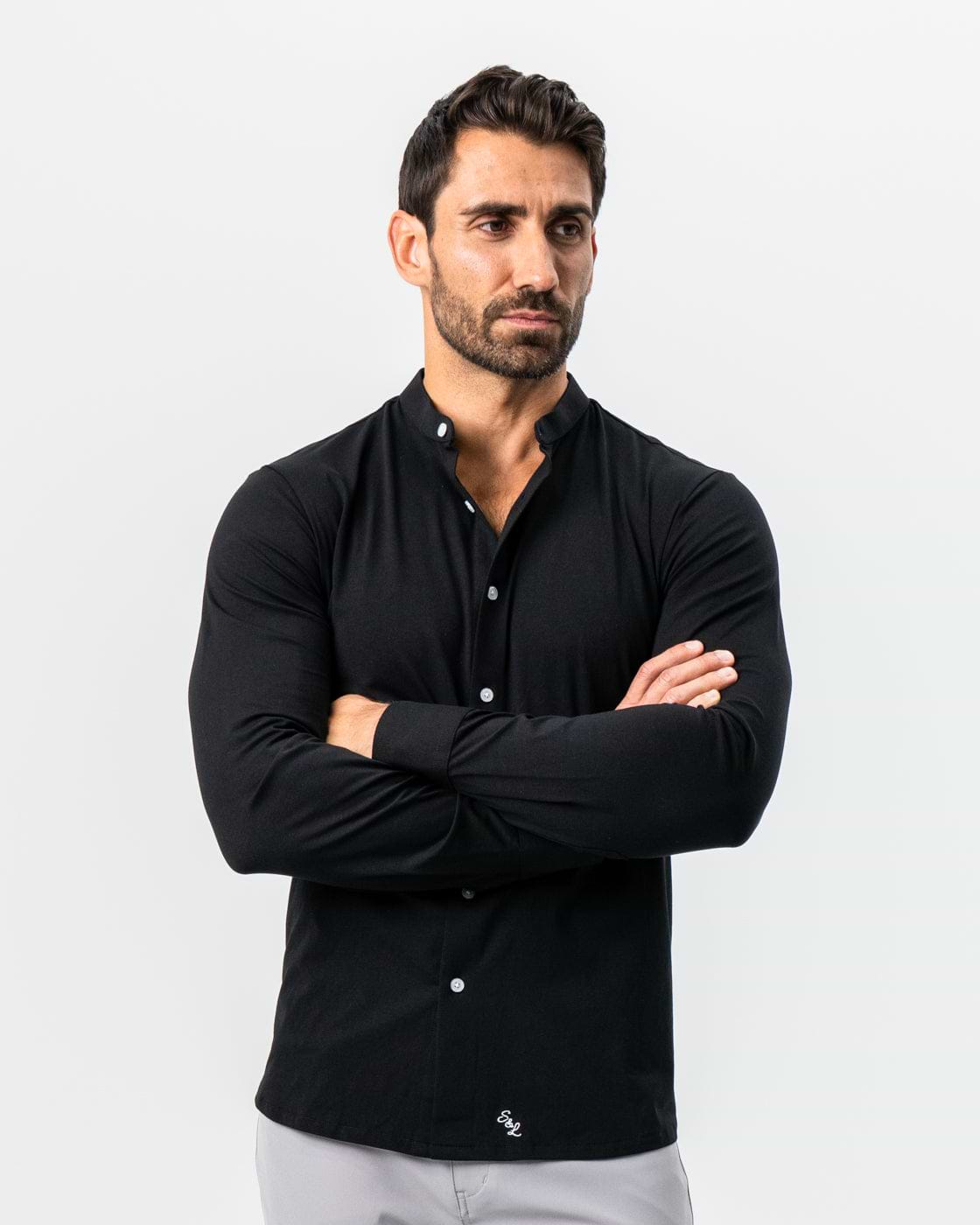 Banded Collar Button Down - Black