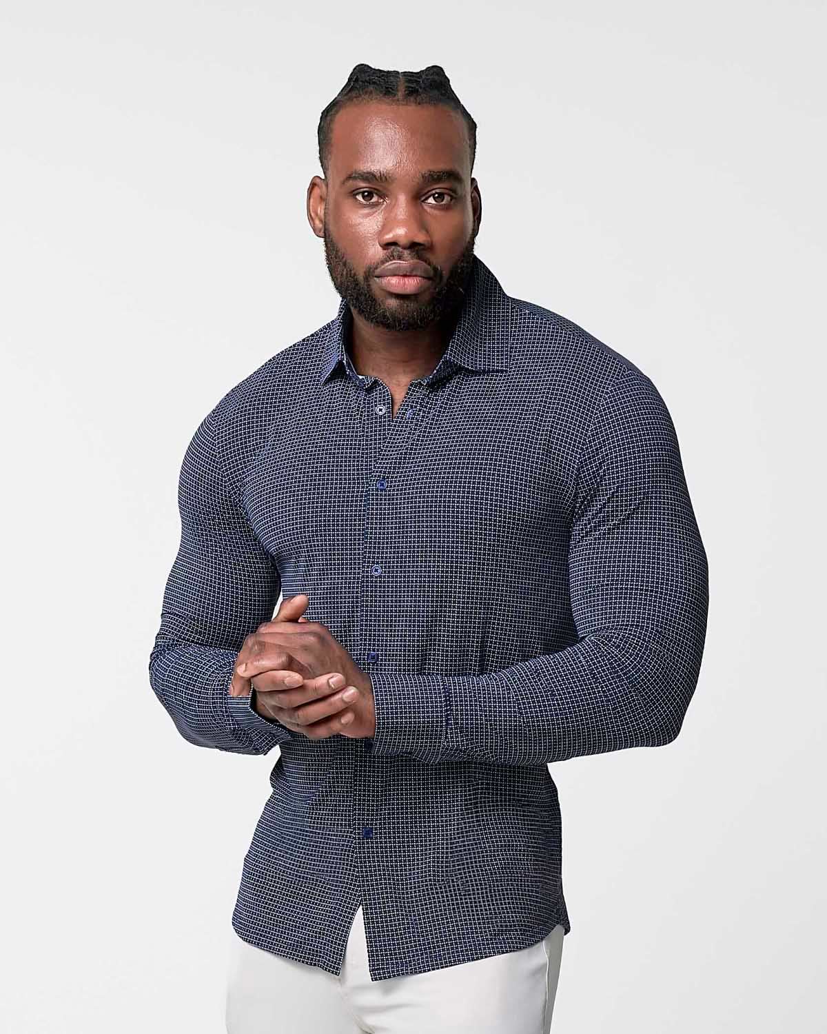 "The Eisenhower" Sport Shirt - Navy With White Grid