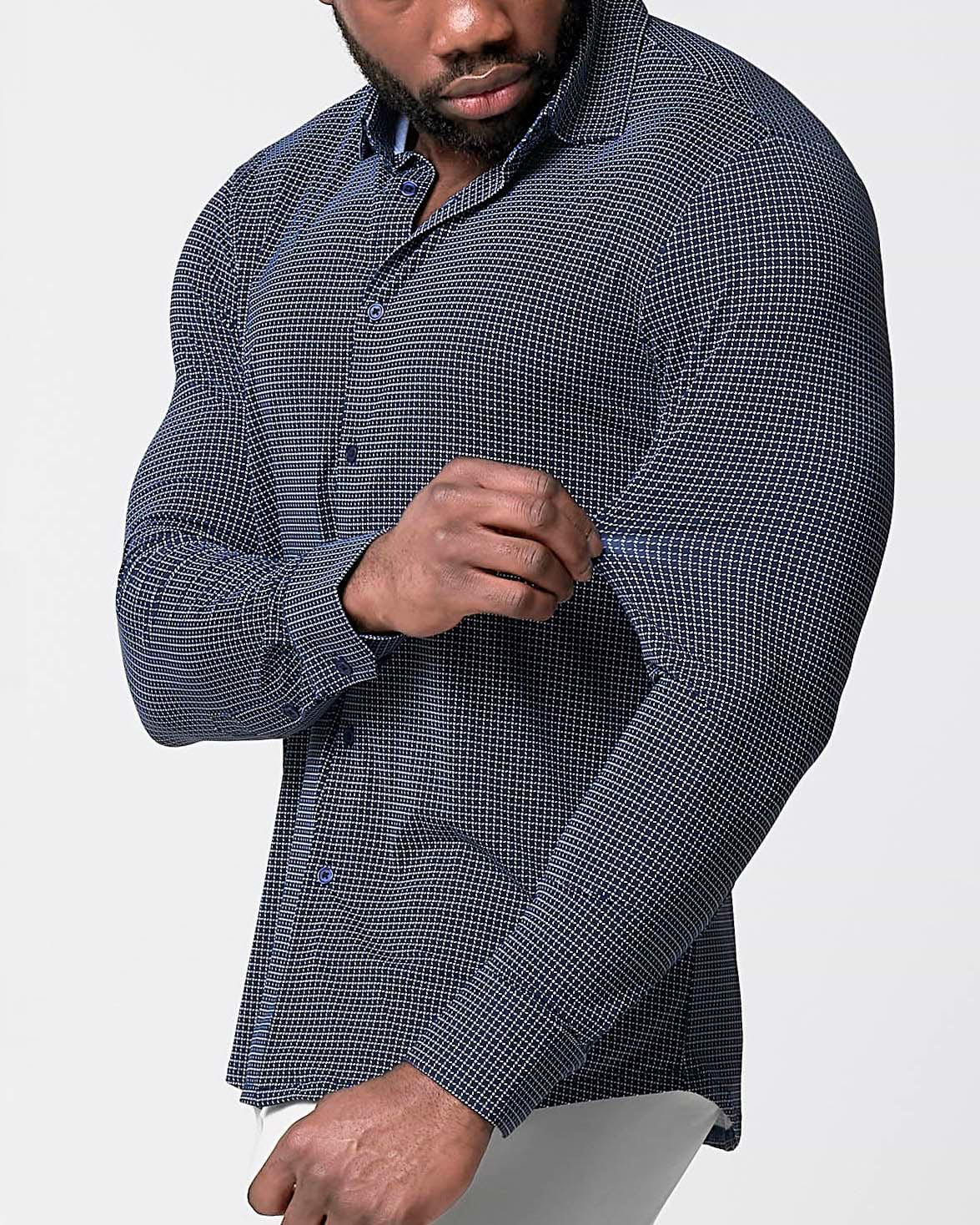 "The Eisenhower" Sport Shirt - Navy With White Grid