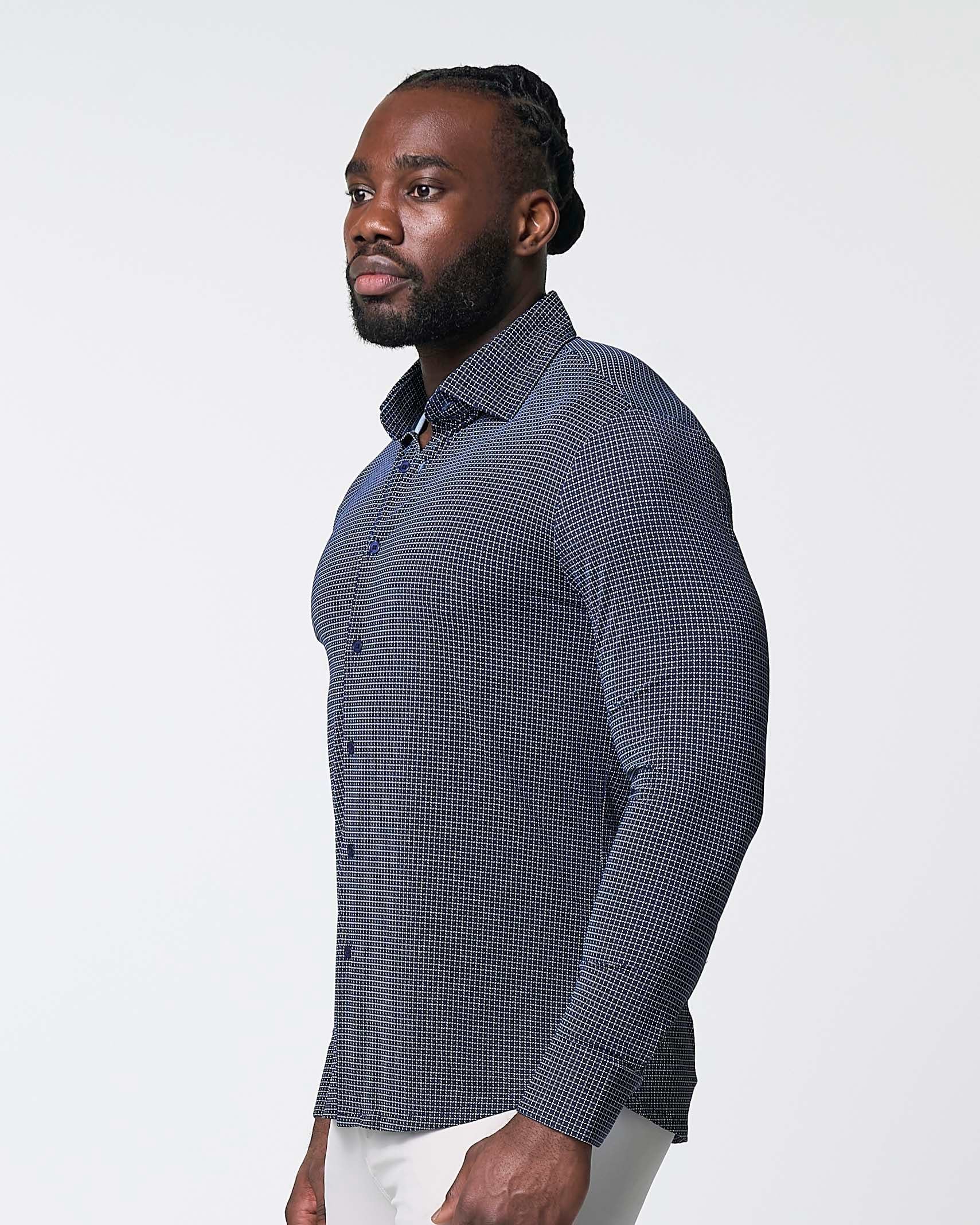 "The Eisenhower" Sport Shirt - Navy With White Grid