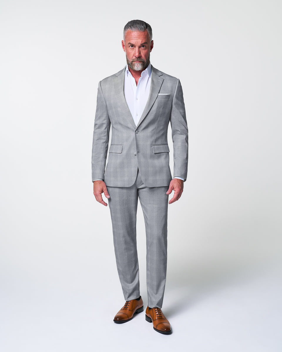 Athletic Fit Stretch Suit Pants - Ash Grey with White Plaid