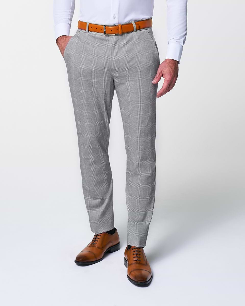 Athletic Fit Stretch Suit Pants - Ash Grey with White Plaid