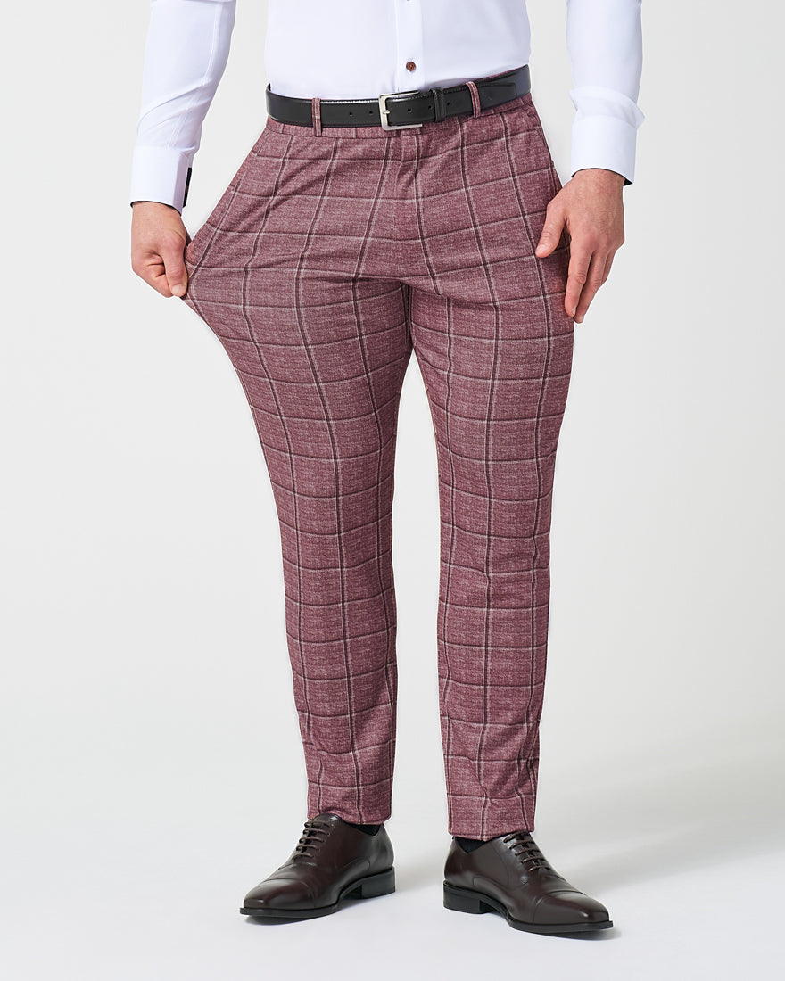 Athletic Fit Stretch Suit - Crimson with Burgundy Big Windowpane