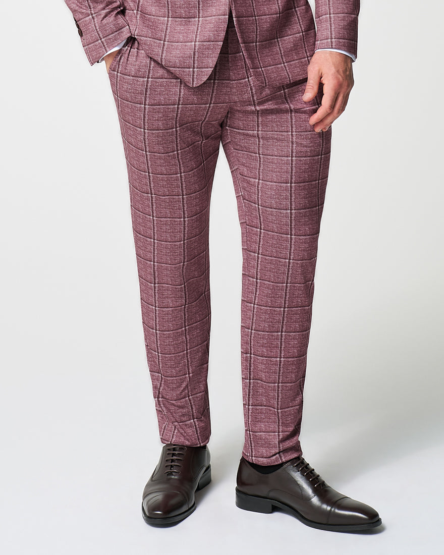 Athletic Fit Stretch Suit - Crimson with Burgundy Big Windowpane