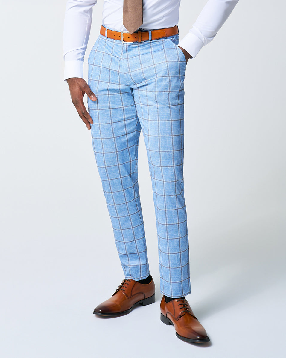 Athletic Fit Stretch Suit Pants - Light Blue and Brown Big Windowpane