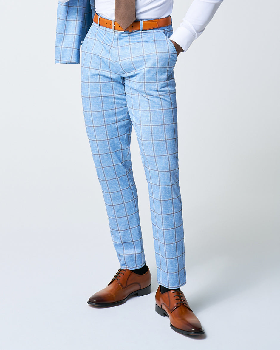 Athletic Fit Stretch Suit Pants - Light Blue and Brown Big Windowpane