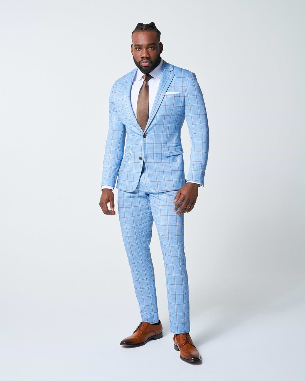 Athletic Fit Stretch Suit Pants - Light Blue and Brown Big Windowpane