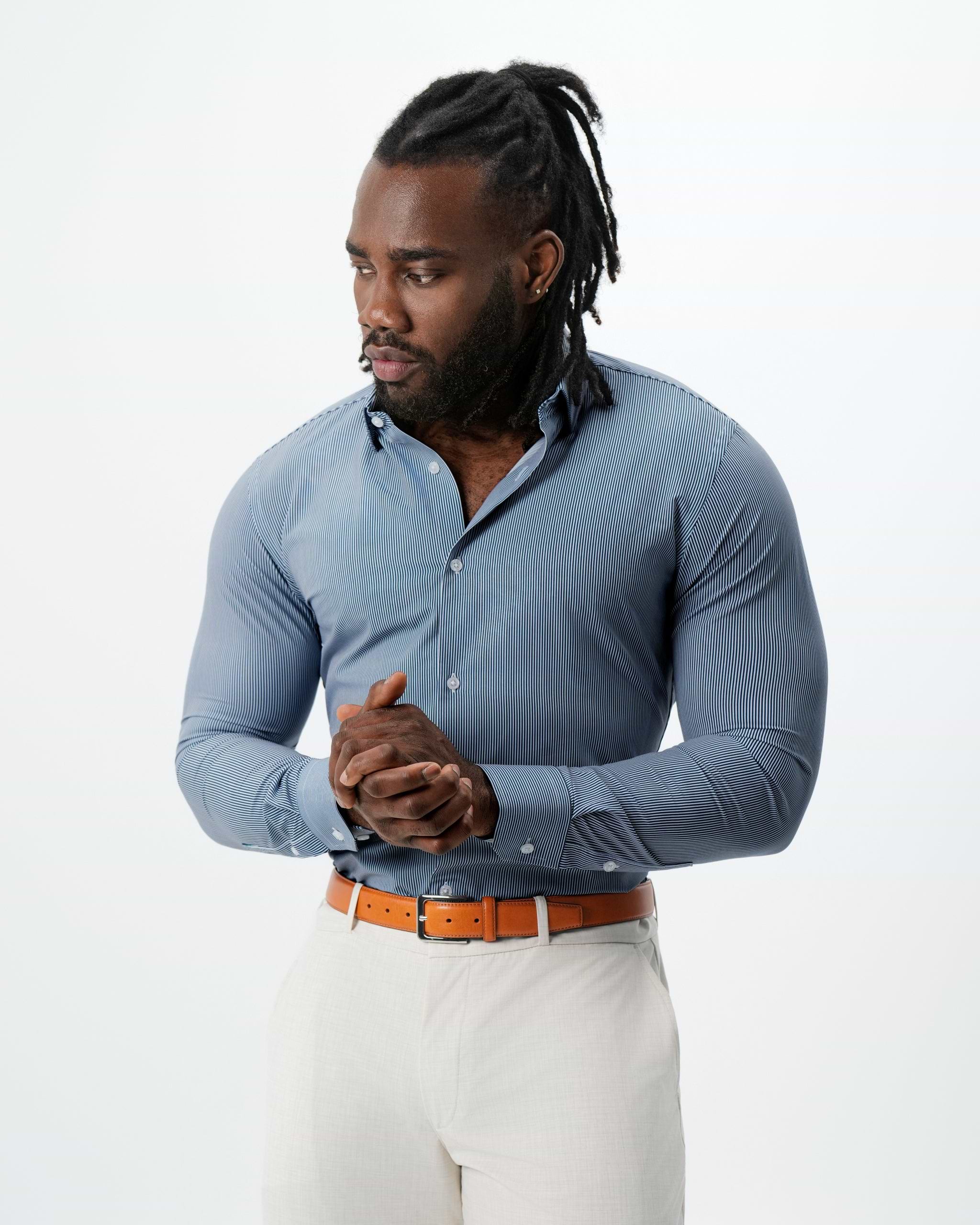 mens pinstripe dress shirt Men's Black Set with White Collar Recycled pinstripe stretch fabric delivers all Cutter & Buck The Ivy