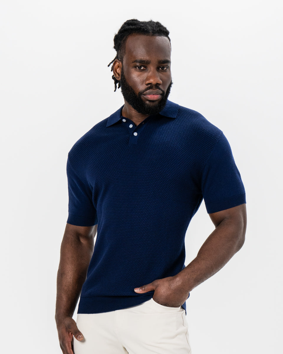 Textured Knit Cashmere Polo - Navy