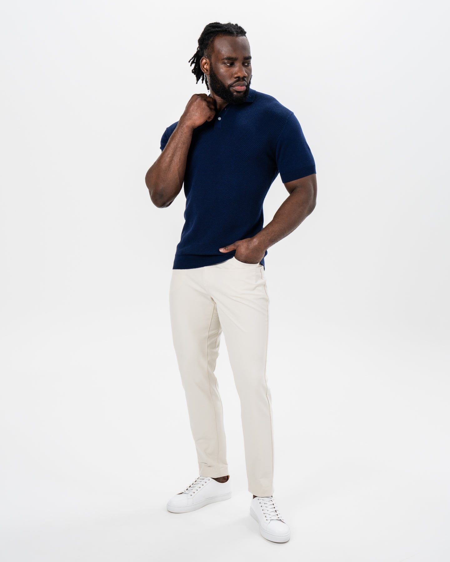 Textured Knit Cashmere Polo - Navy