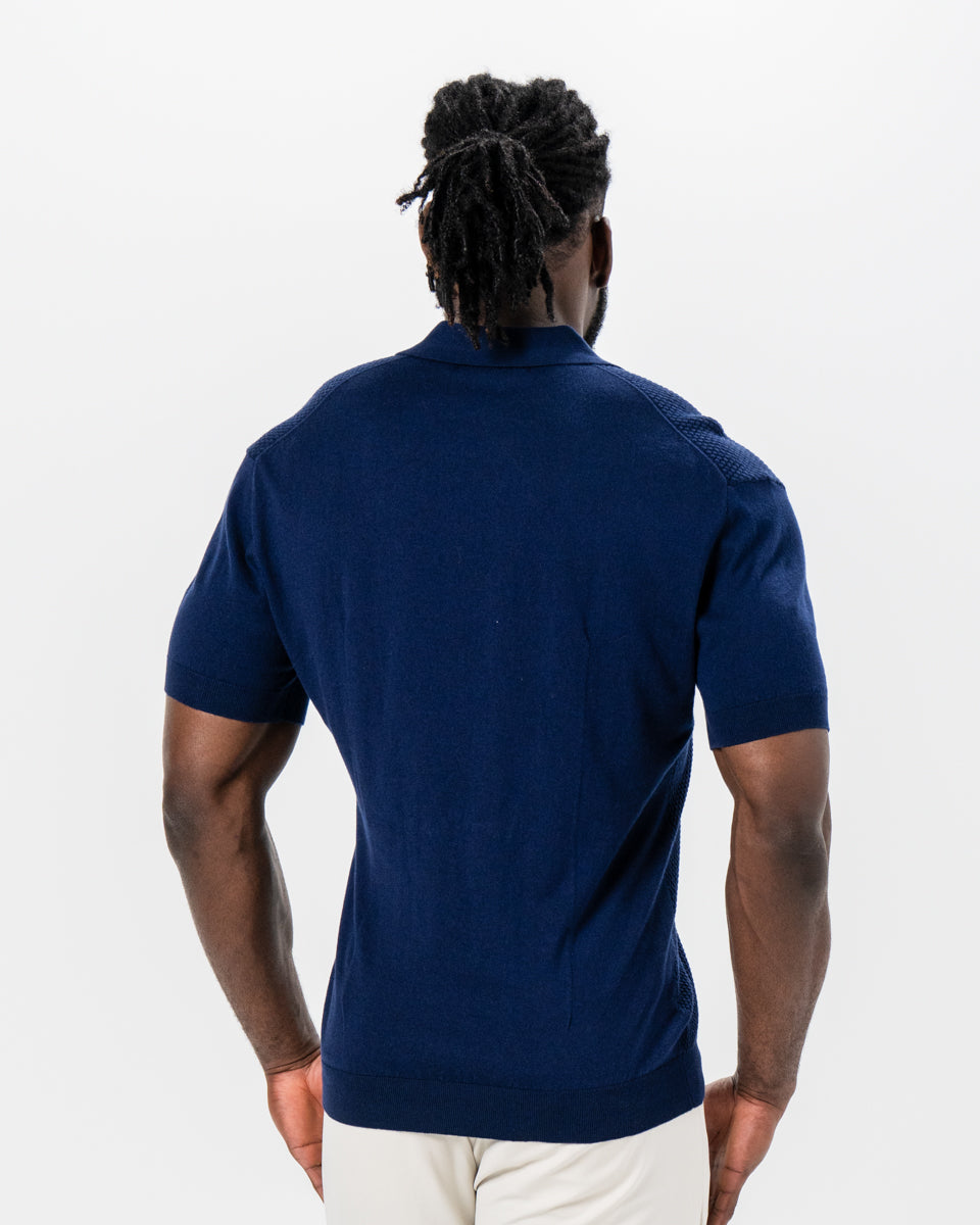 Textured Knit Cashmere Polo - Navy
