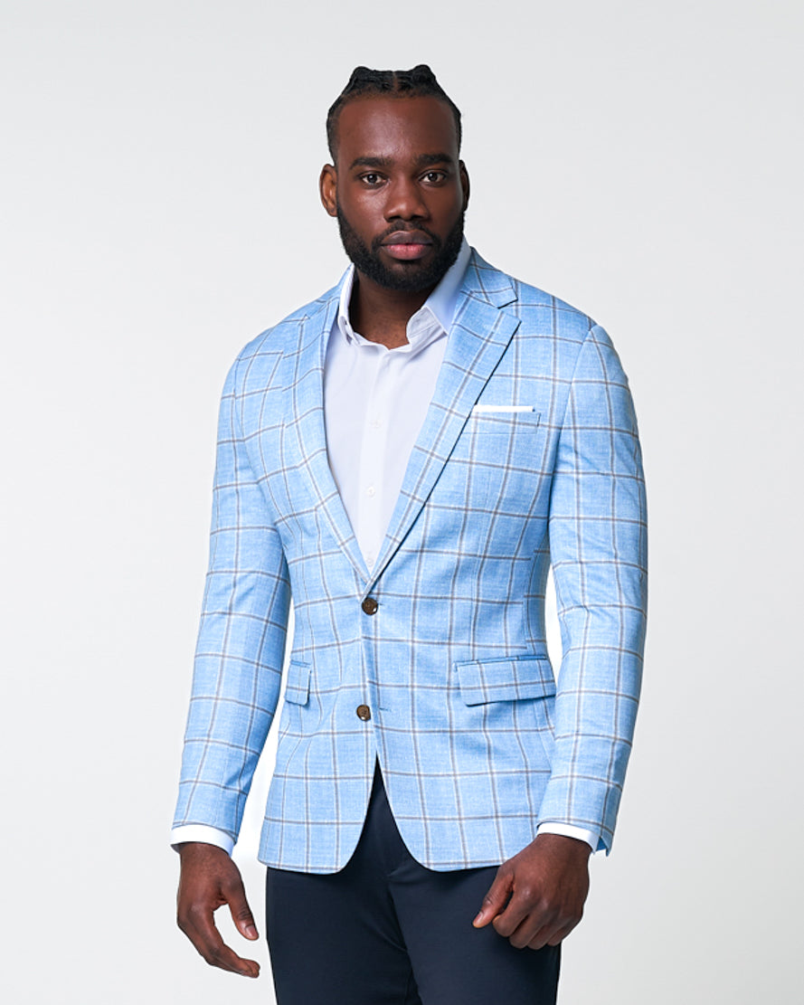 Athletic Fit Stretch Blazer - Light Blue and Brown Big Windowpane