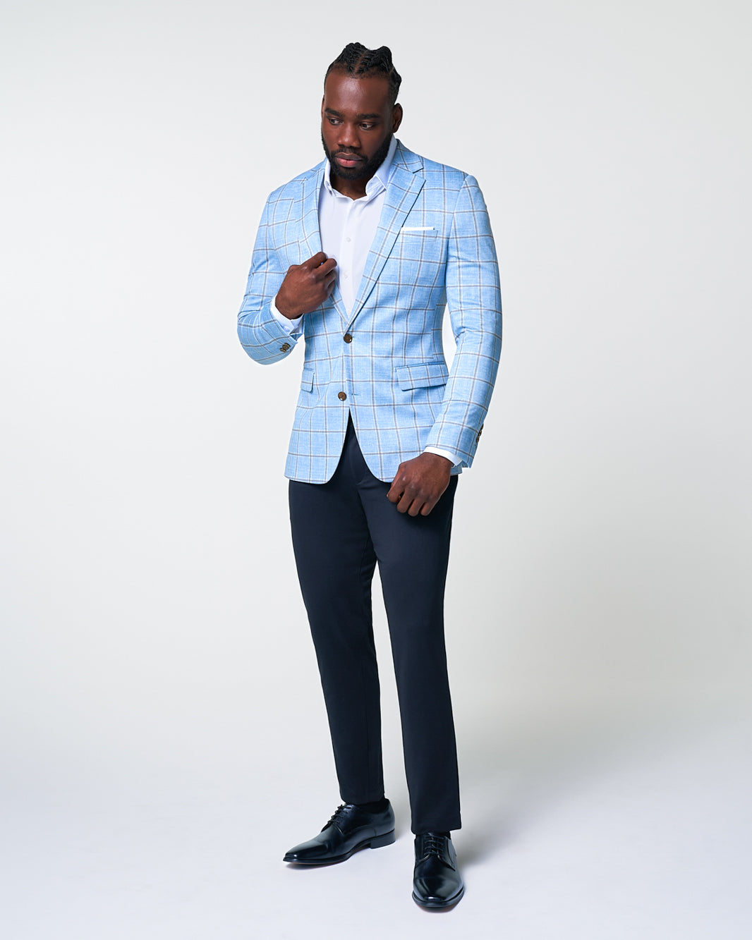 Athletic Fit Stretch Blazer - Light Blue and Brown Big Windowpane