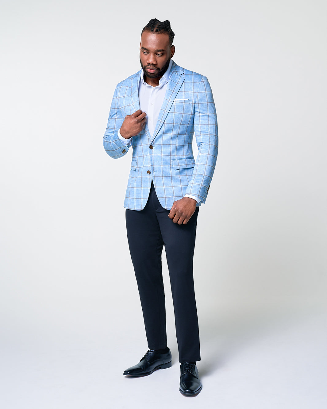 Athletic Fit Stretch Blazer - Light Blue and Brown Big Windowpane