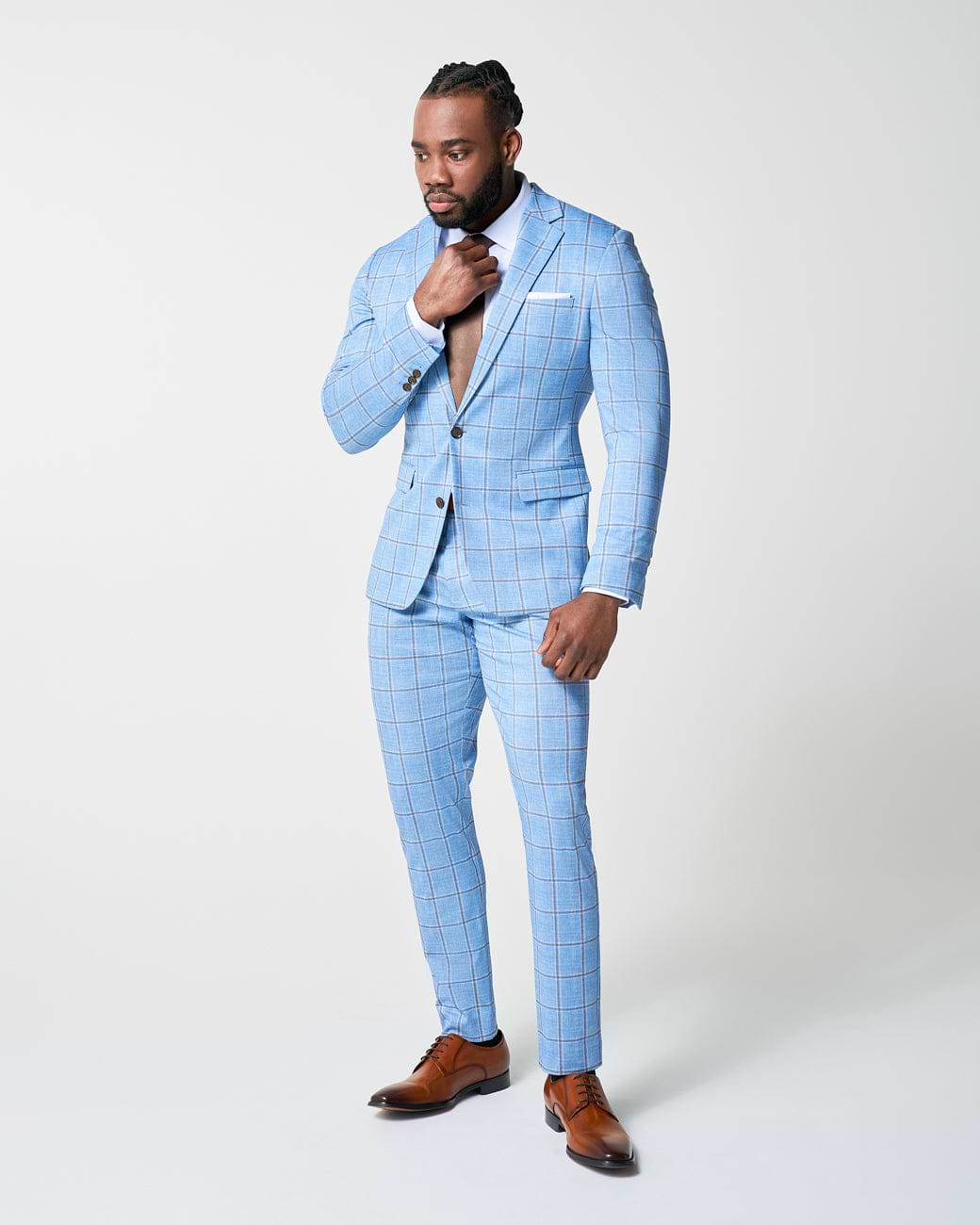 Athletic Fit Stretch Blazer - Light Blue and Brown Big Windowpane