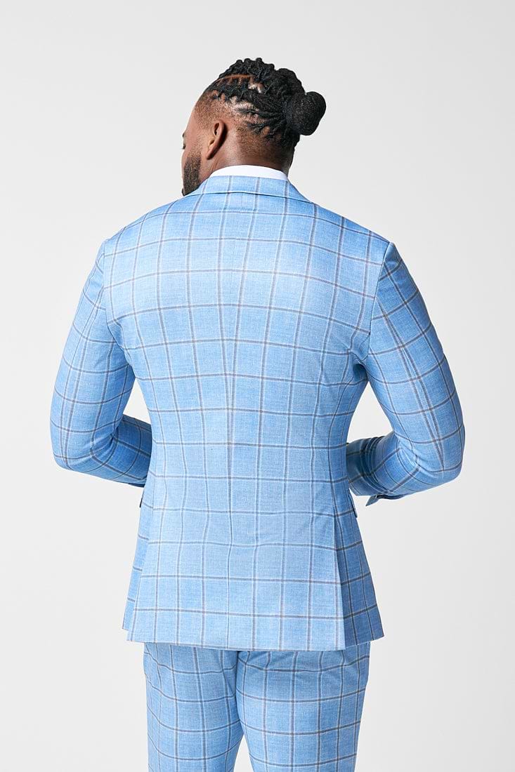 Athletic Fit Stretch Blazer - Light Blue and Brown Big Windowpane
