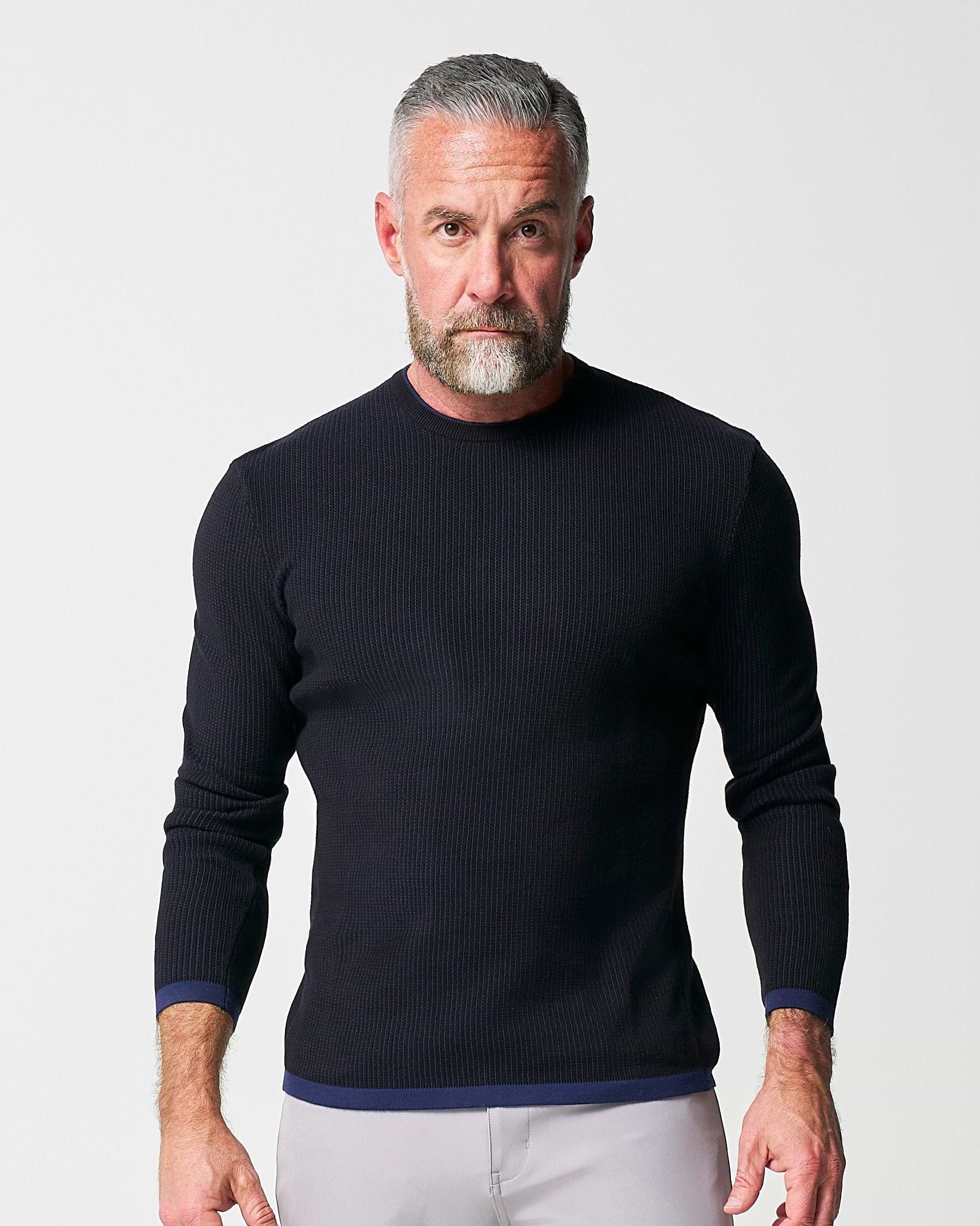 Lightweight Ribbed Knit Crewneck Sweater - Navy & Black