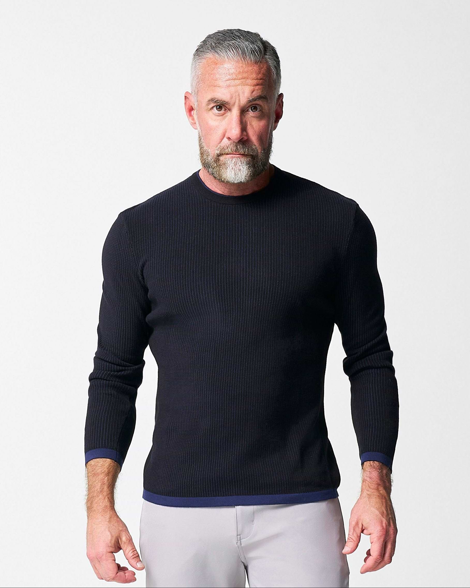 Lightweight Ribbed Knit Crewneck Sweater - Navy & Black