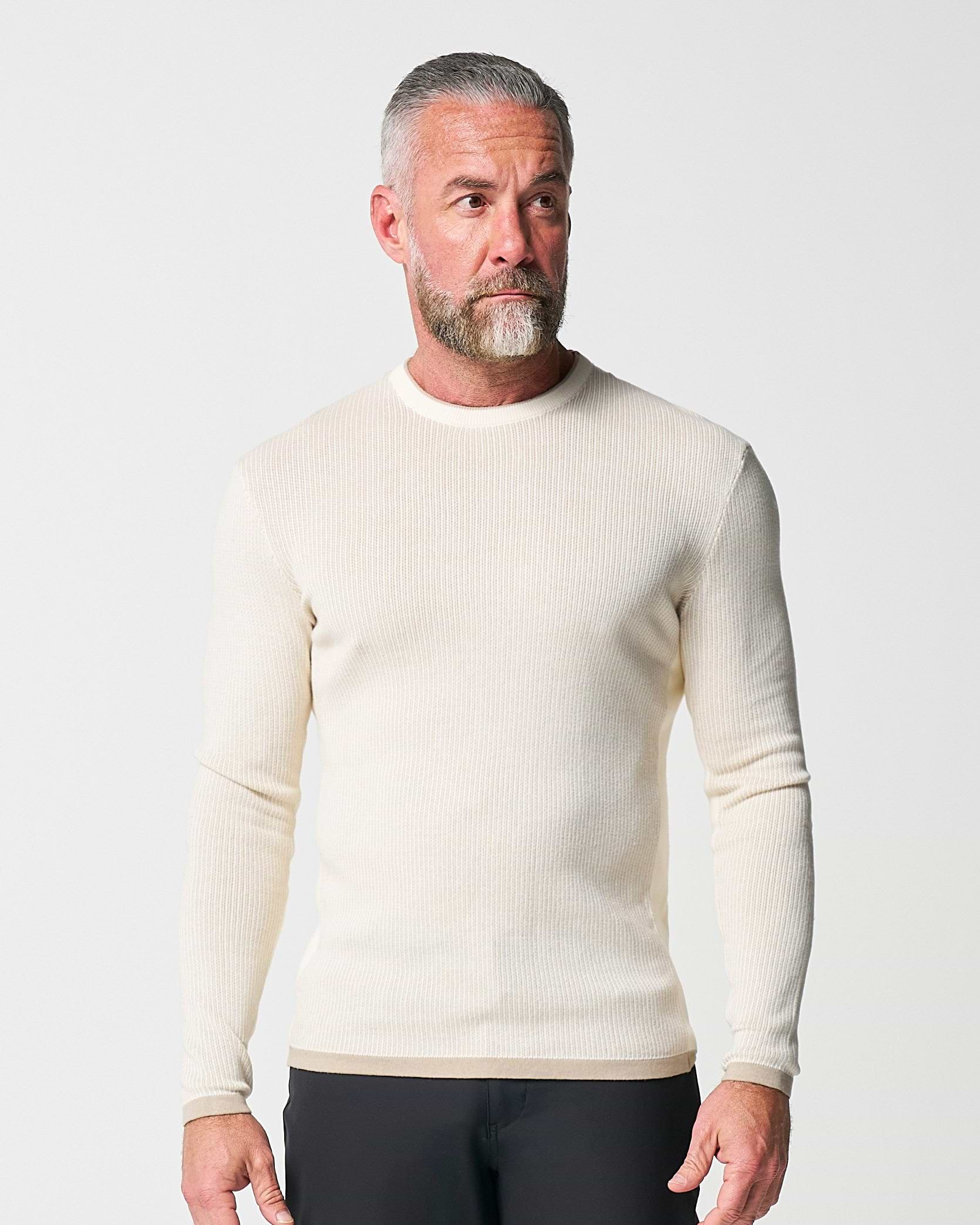 Lightweight Ribbed Knit Crewneck Sweater - Tan & Beige