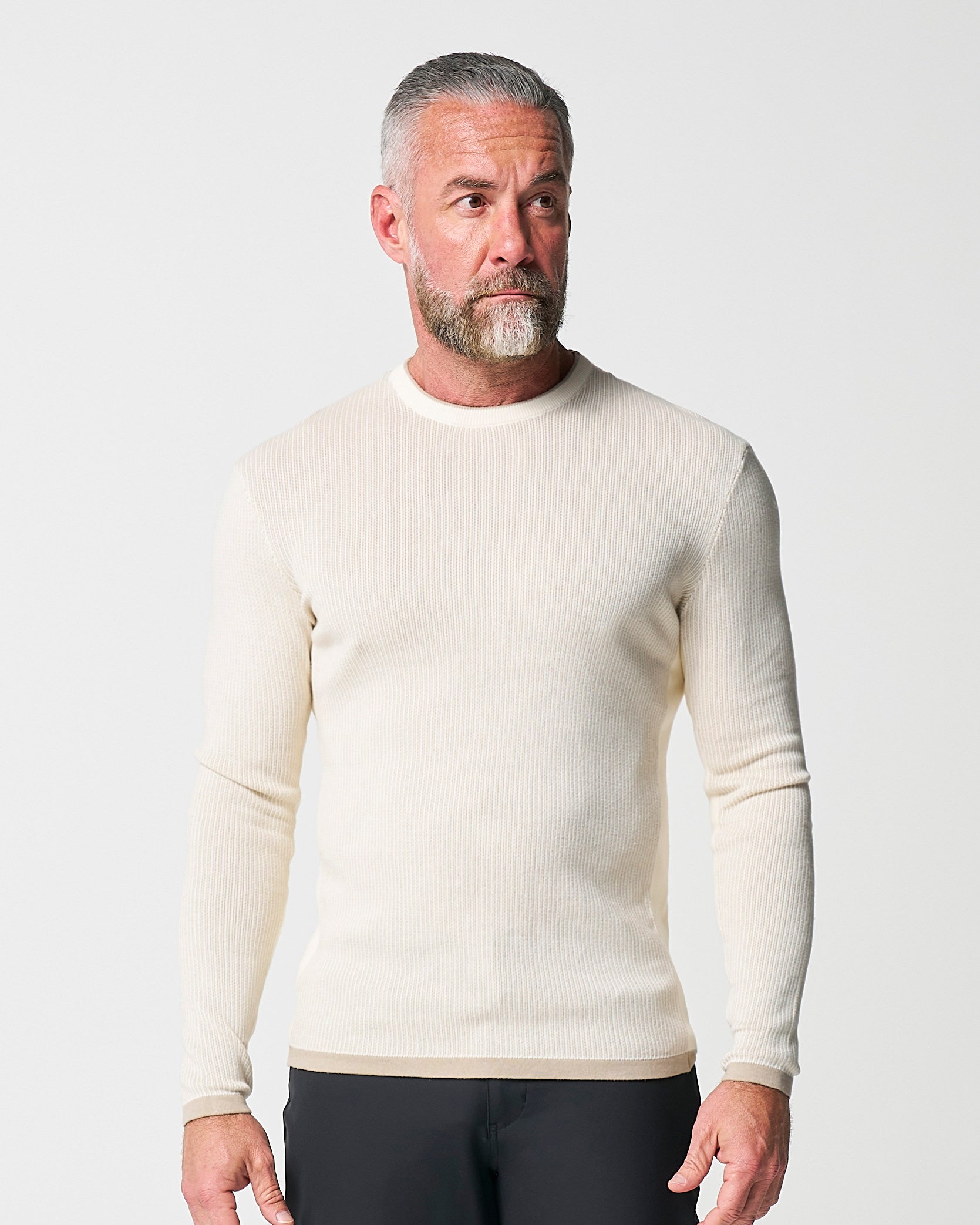 Lightweight Ribbed Knit Crewneck Sweater - Tan & Beige