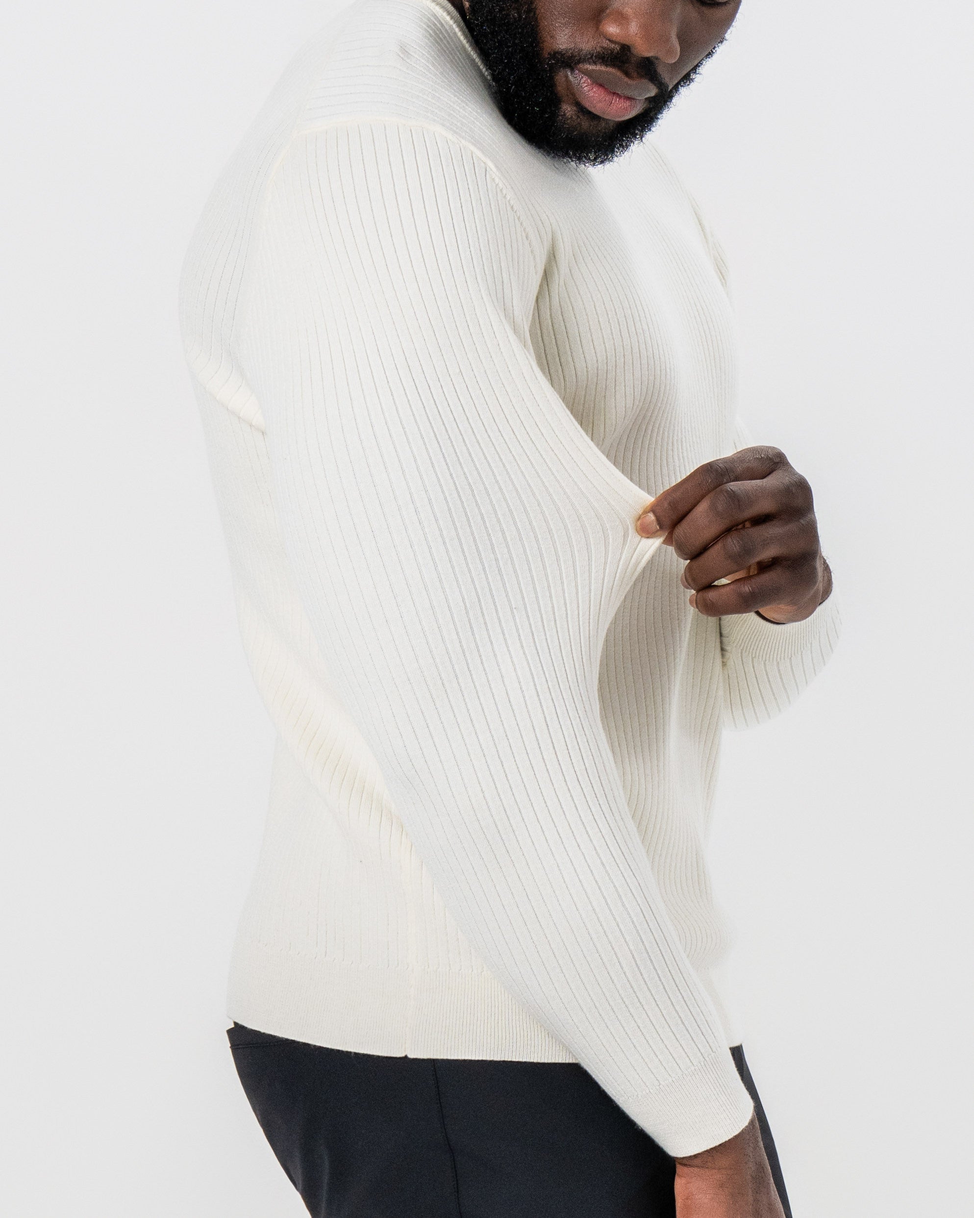Mid-Weight Ribbed Knit Crewneck Sweater - Cream