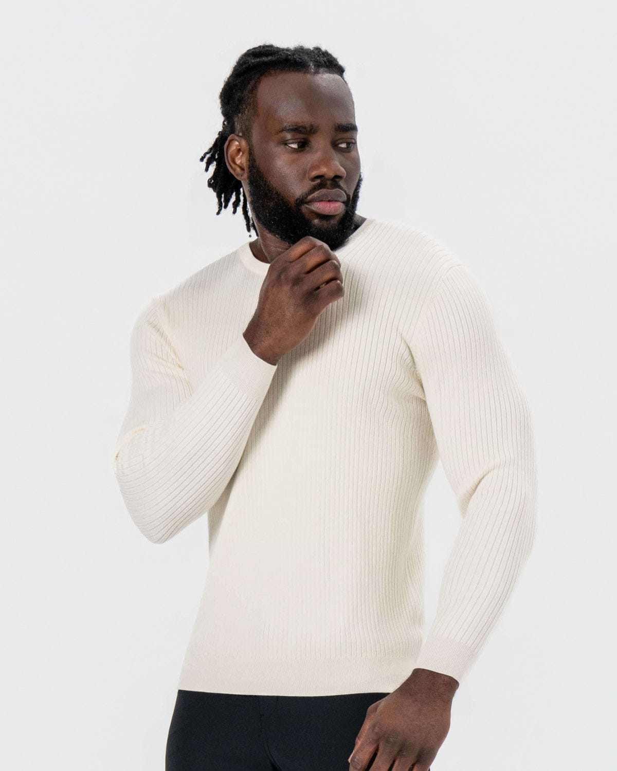 Mid-Weight Ribbed Knit Crewneck Sweater - Cream