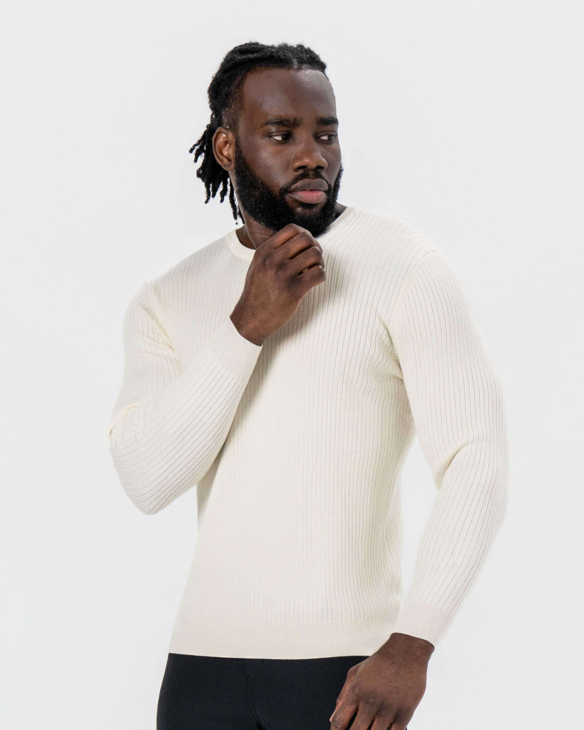 Mid-Weight Ribbed Knit Crewneck Sweater - Cream