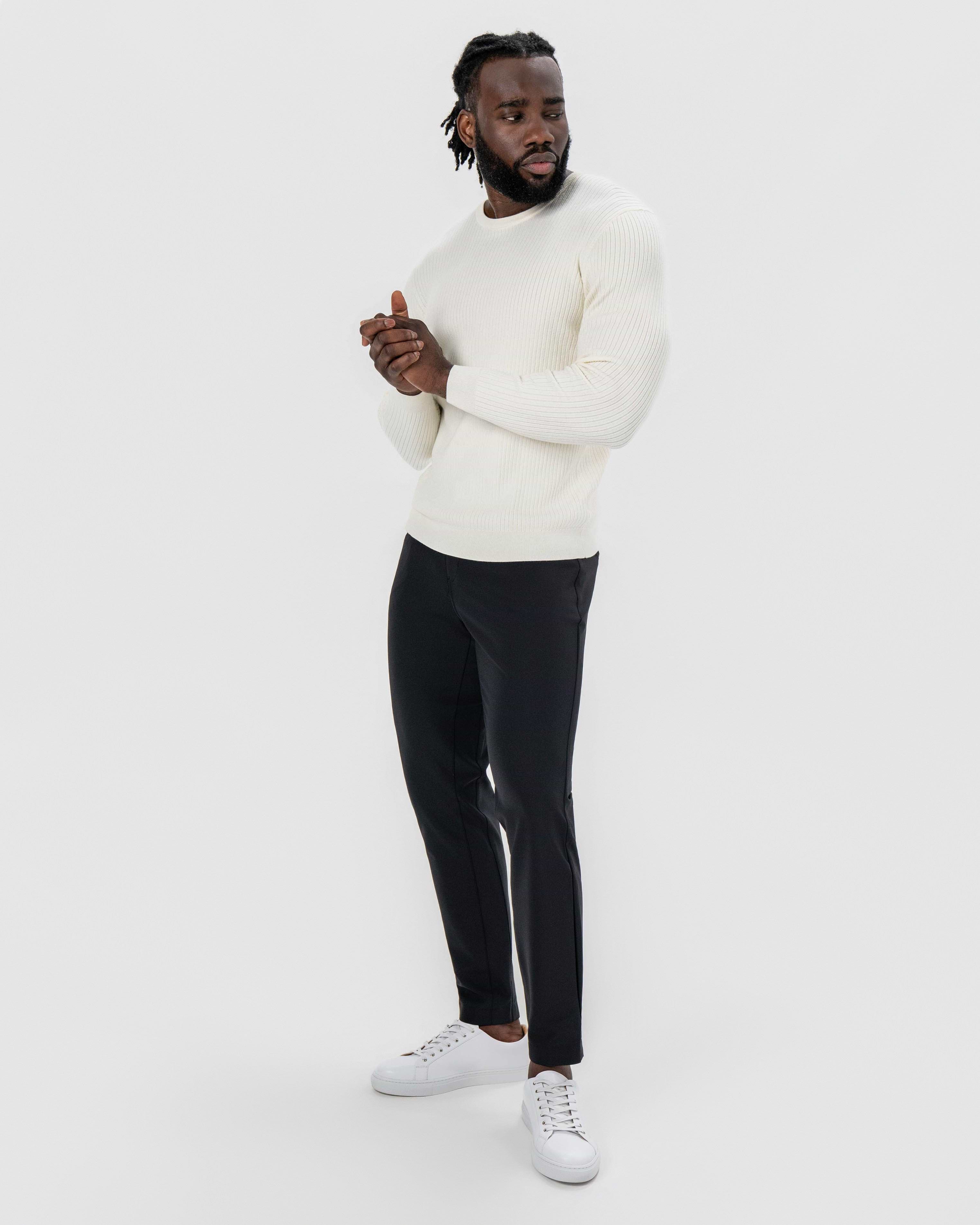 Mid-Weight Ribbed Knit Crewneck Sweater - Cream