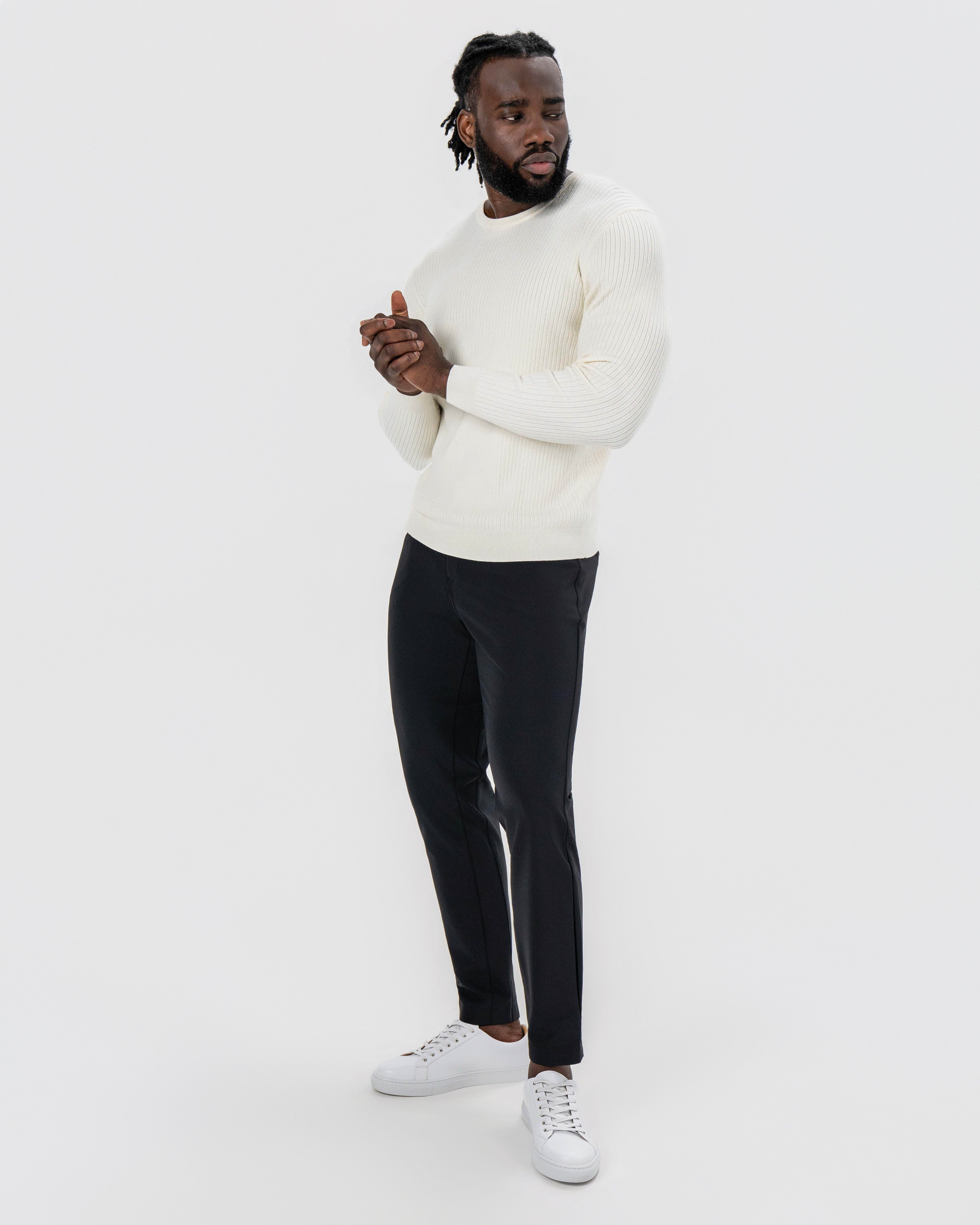 Mid-Weight Ribbed Knit Crewneck Sweater - Cream
