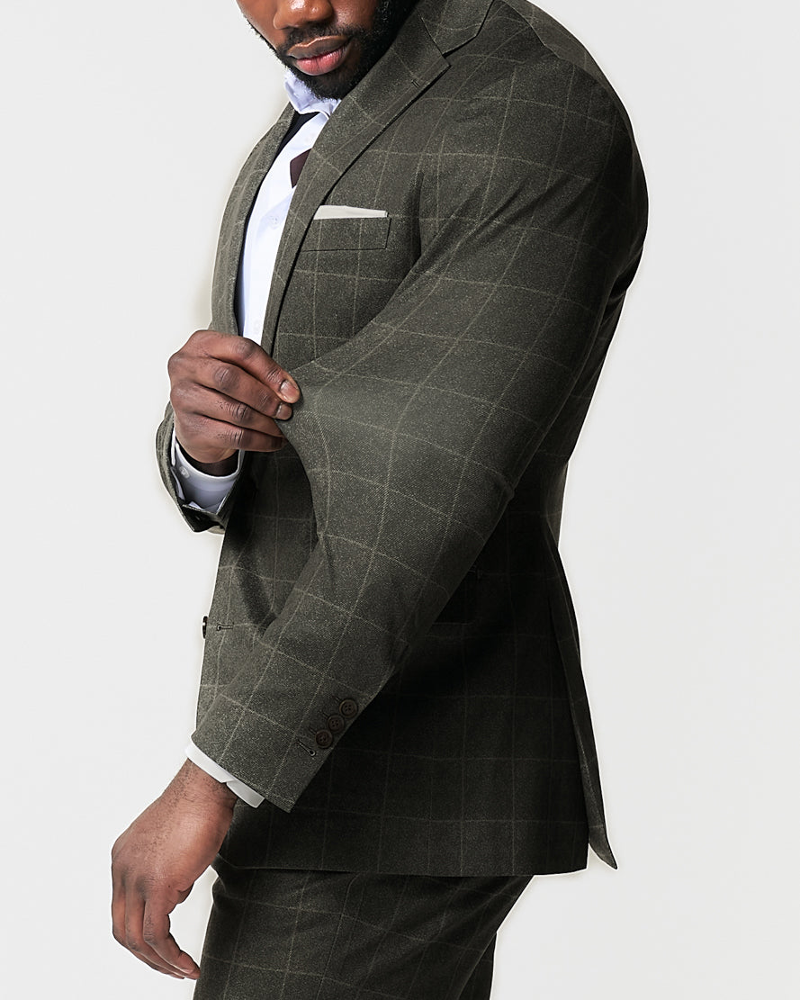 Athletic Fit Stretch Suit - Olive with White Windowpane