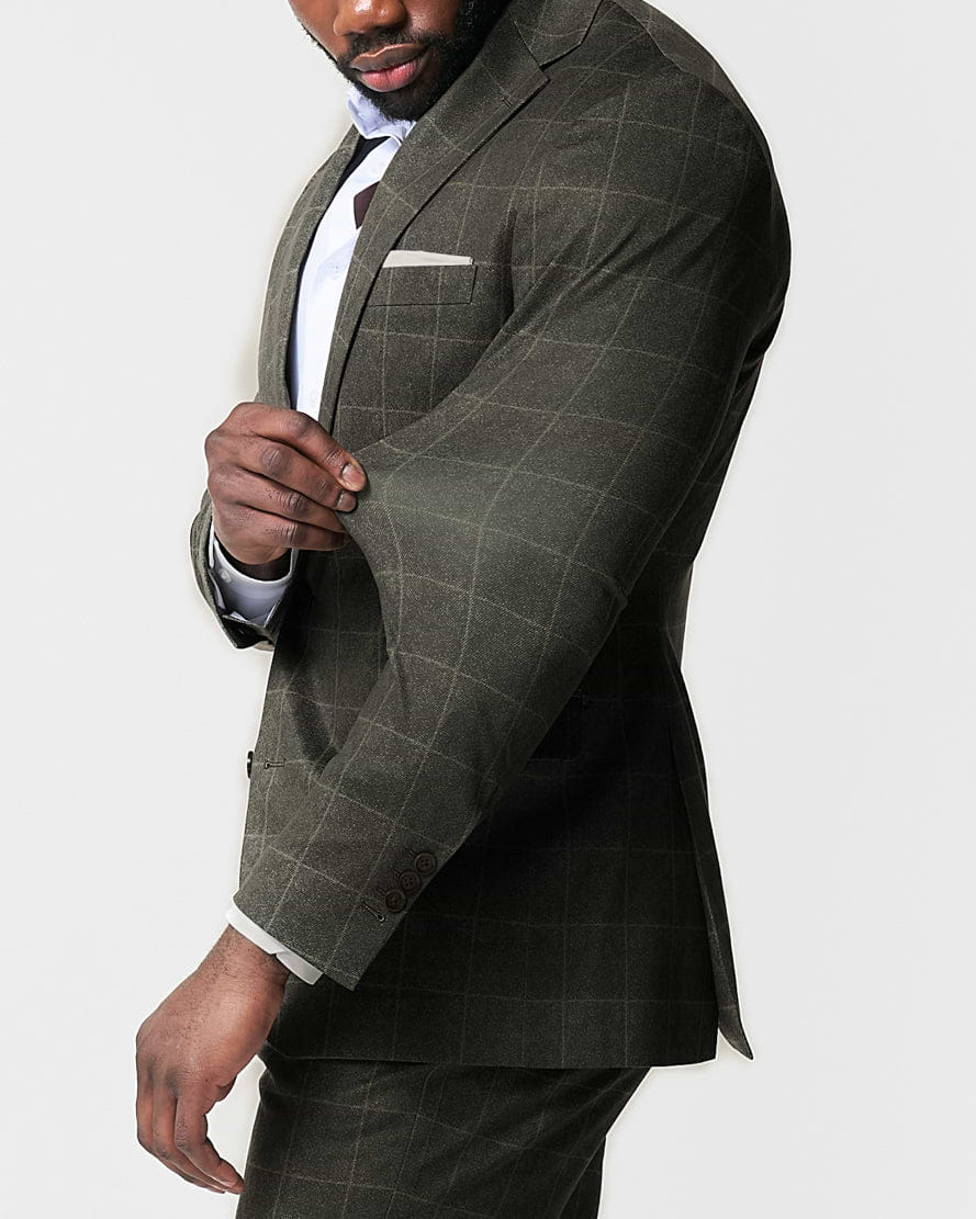 Athletic Fit Stretch Blazer - Olive with White Windowpane