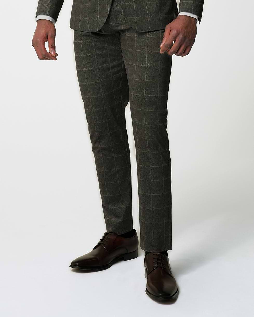 Athletic Fit Stretch Suit Pants - Olive with White Windowpane