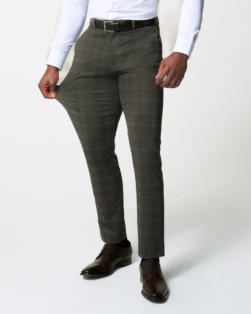Athletic Fit Stretch Suit - Olive with White Windowpane