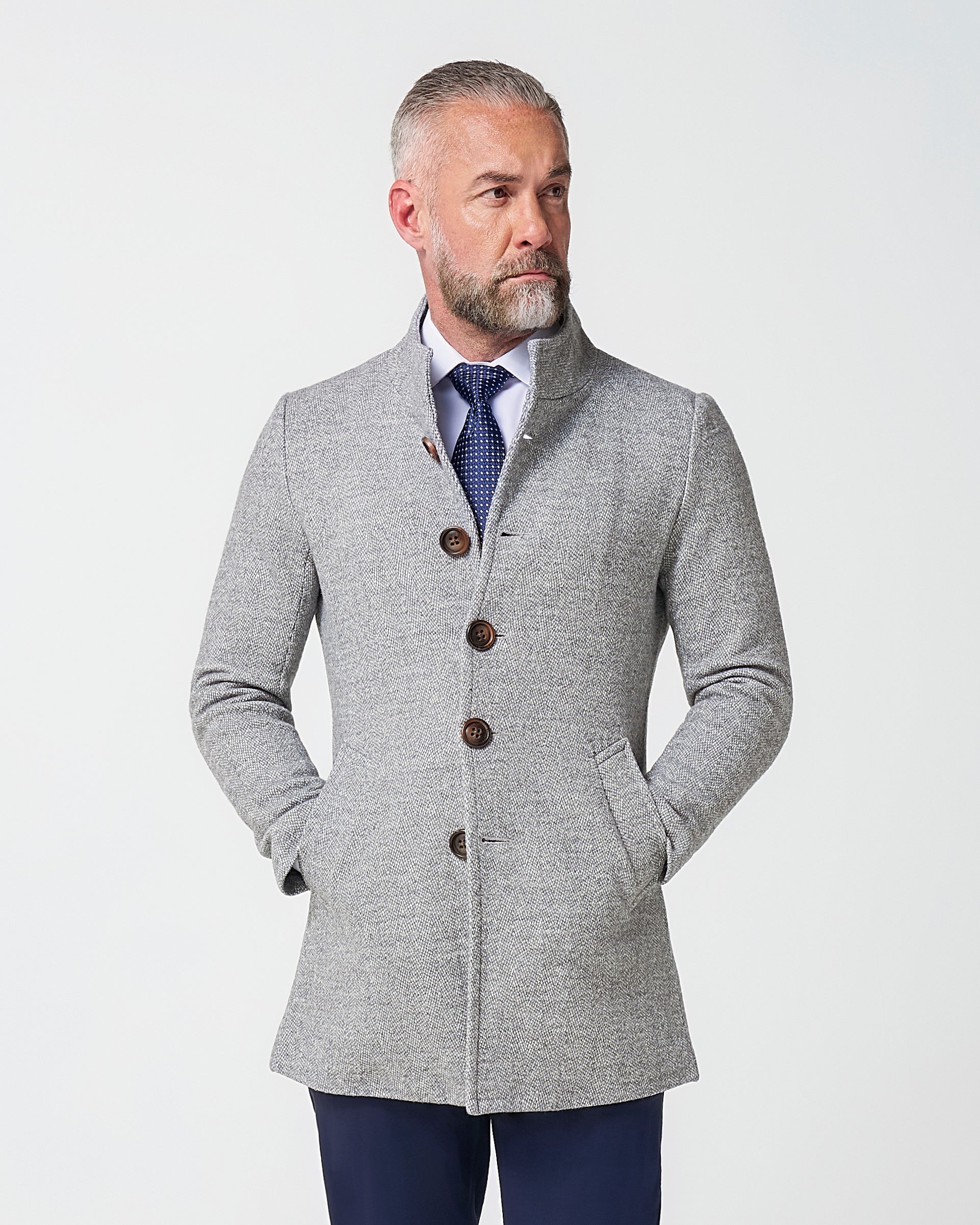 Open Button Overcoat - Grey Herringbone