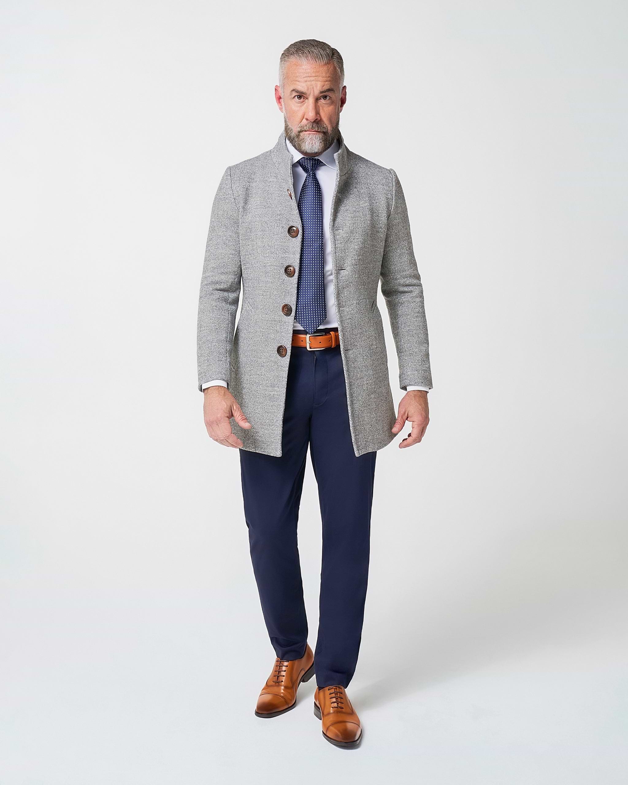 Open Button Overcoat - Grey Herringbone