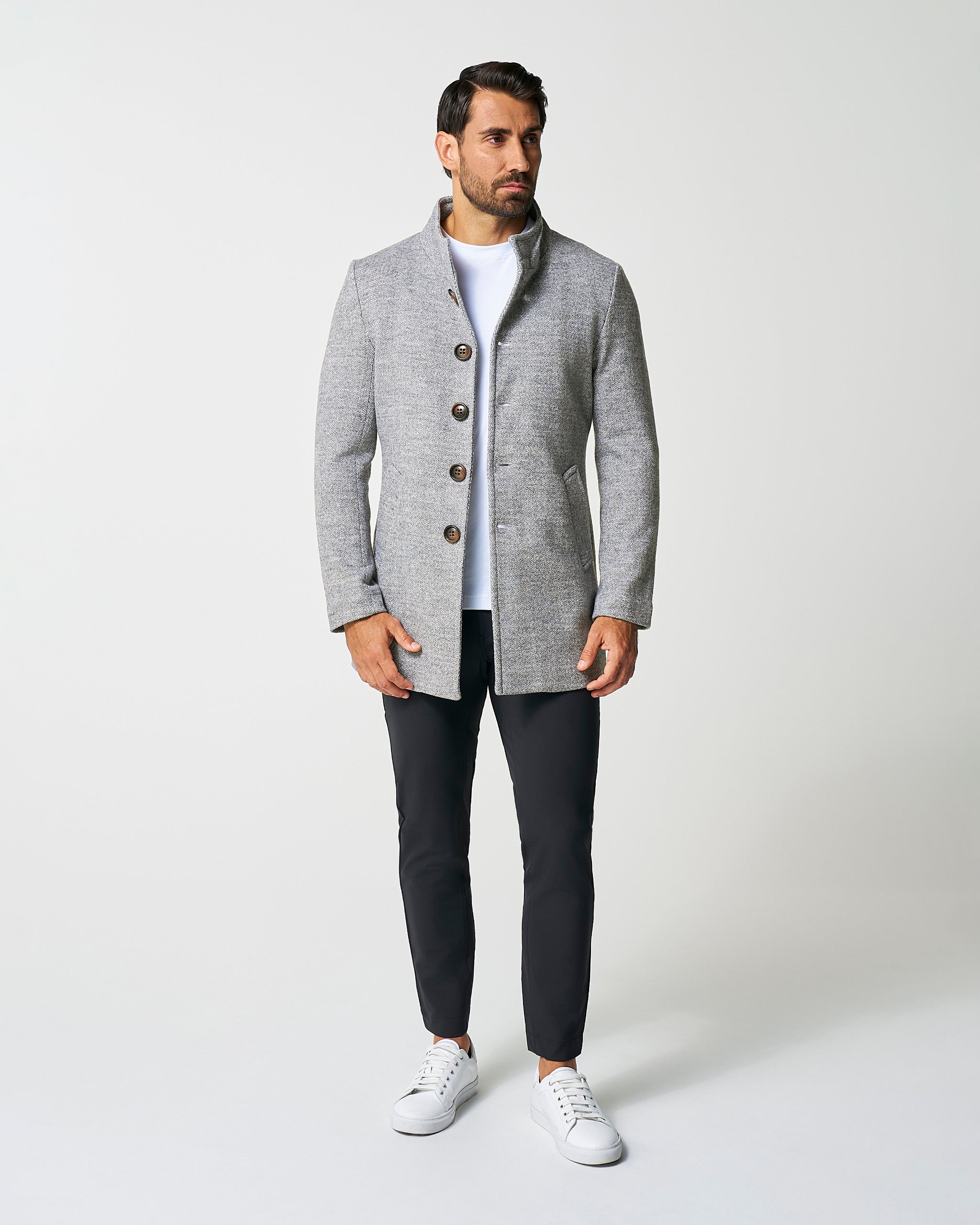 Open Button Overcoat - Grey Herringbone