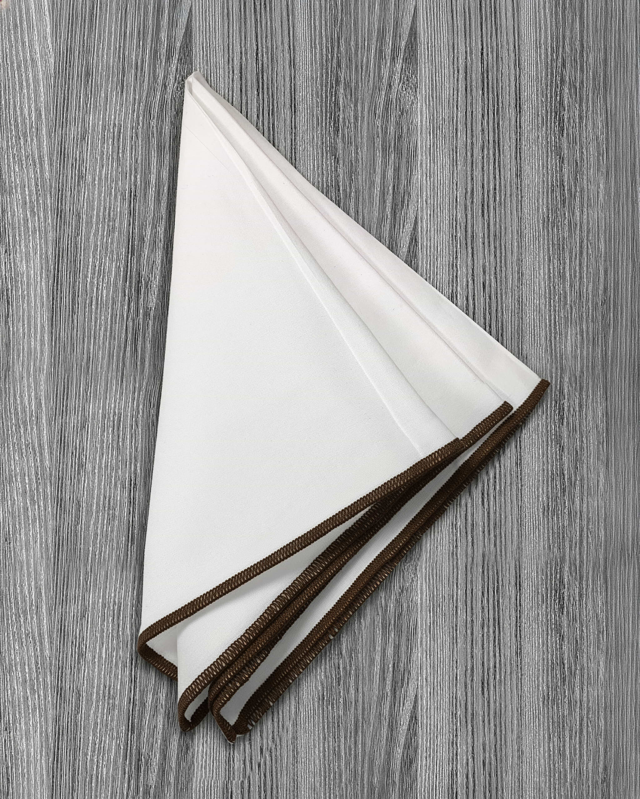 Pocket Square - White With Dark Brown Edge Stitch