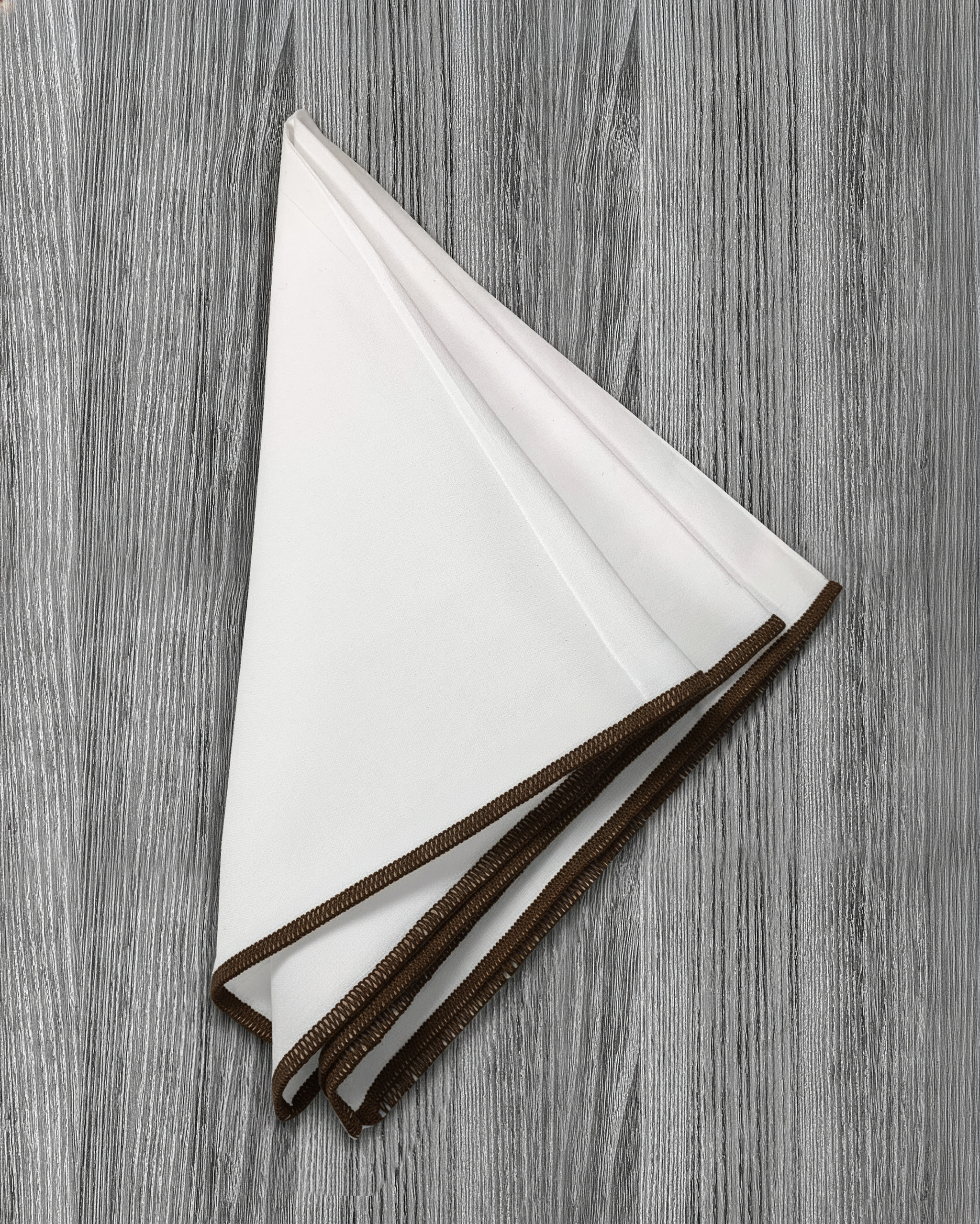 Pocket Square - White With Dark Brown Edge Stitch