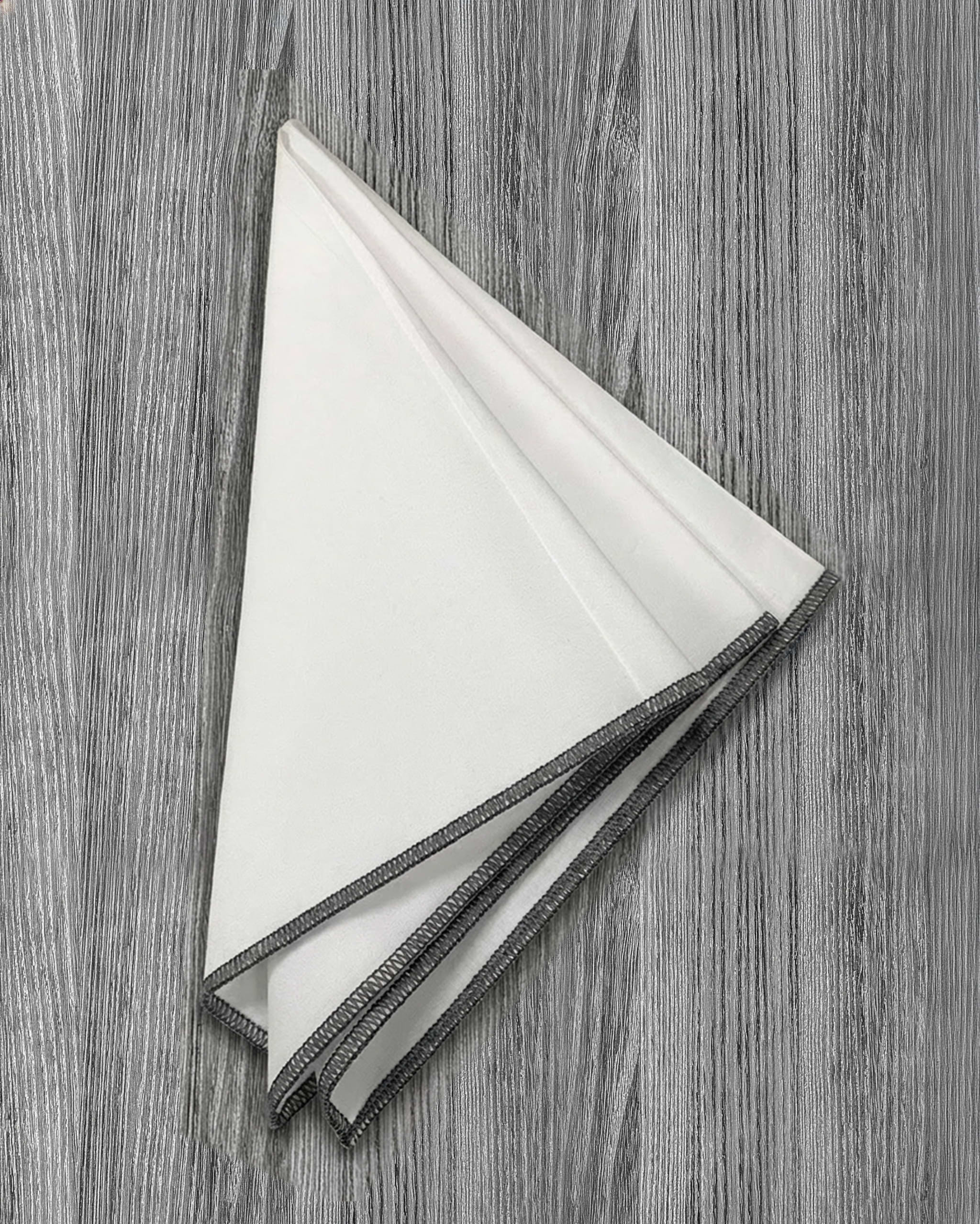 Pocket Square - White With Dark Grey Edge Stitch