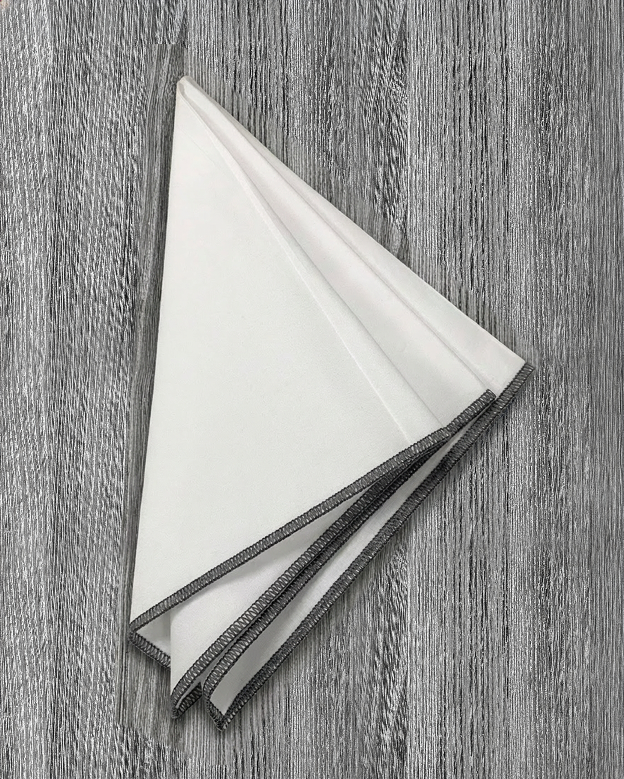 Pocket Square - White With Dark Grey Edge Stitch
