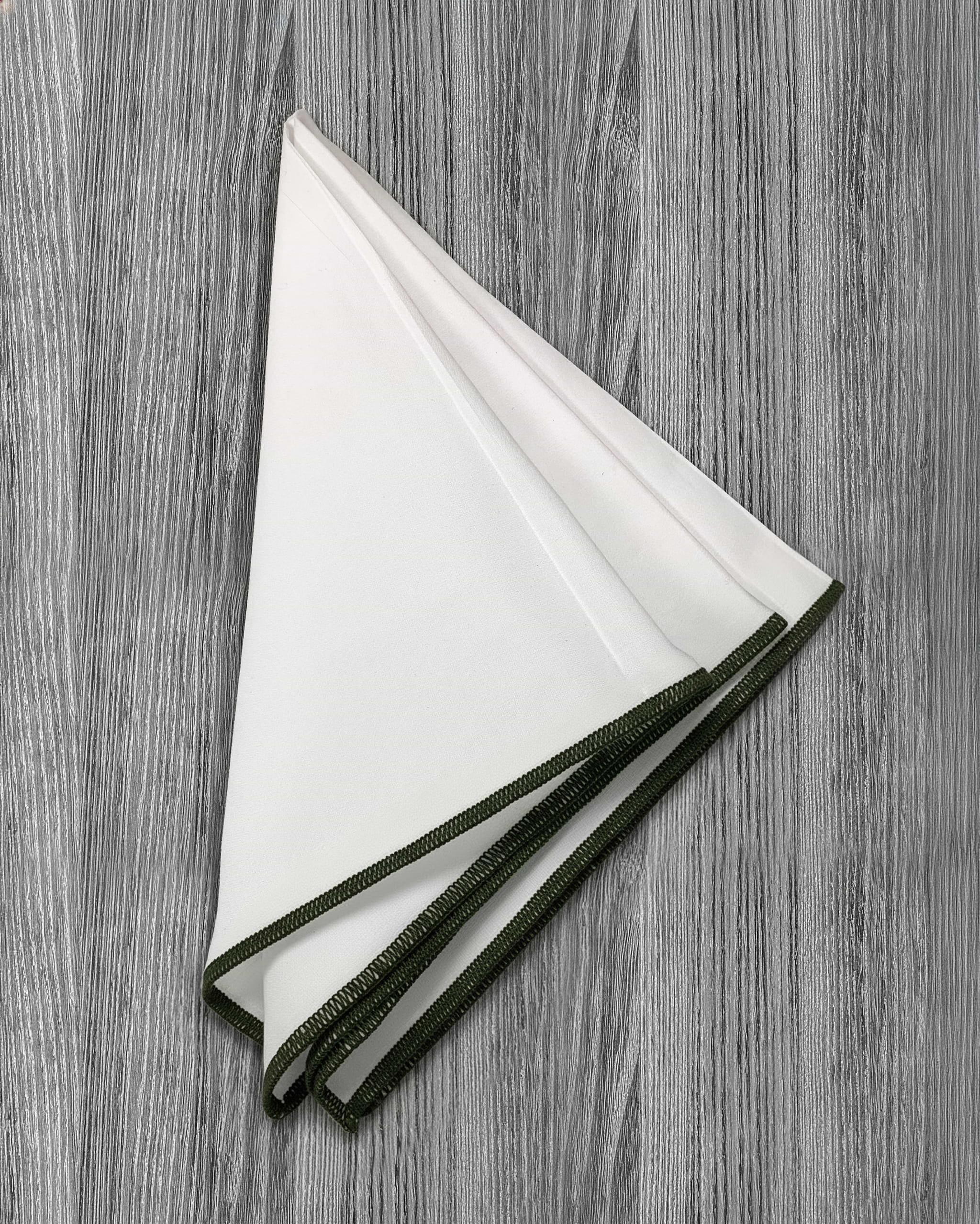 Pocket Square - White With Dark Olive Edge Stitch