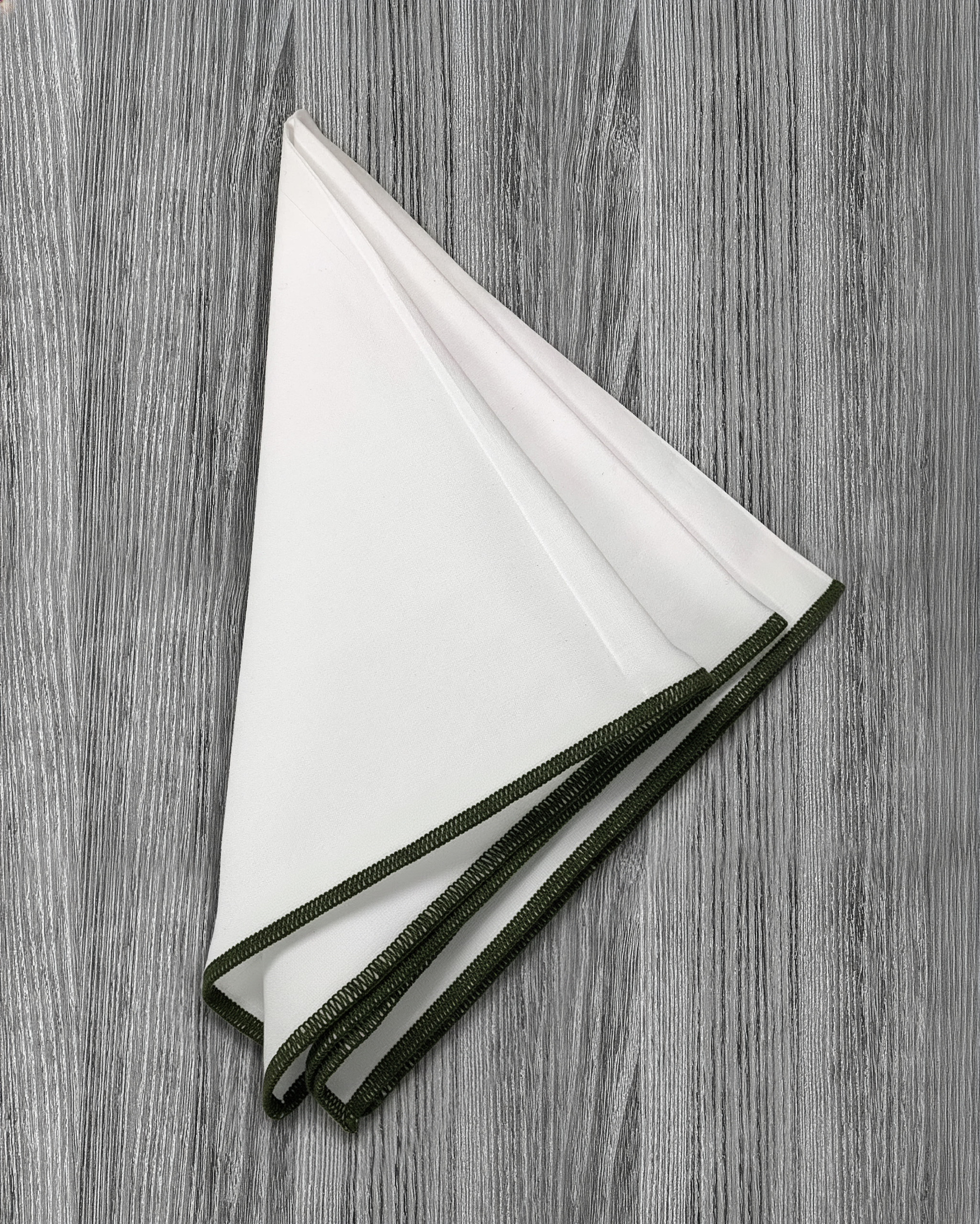 Pocket Square - White With Dark Olive Edge Stitch